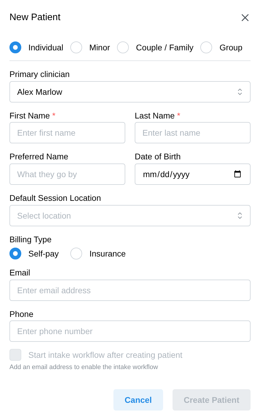 The New Patient form with client type, billing type, and the intake workflow option