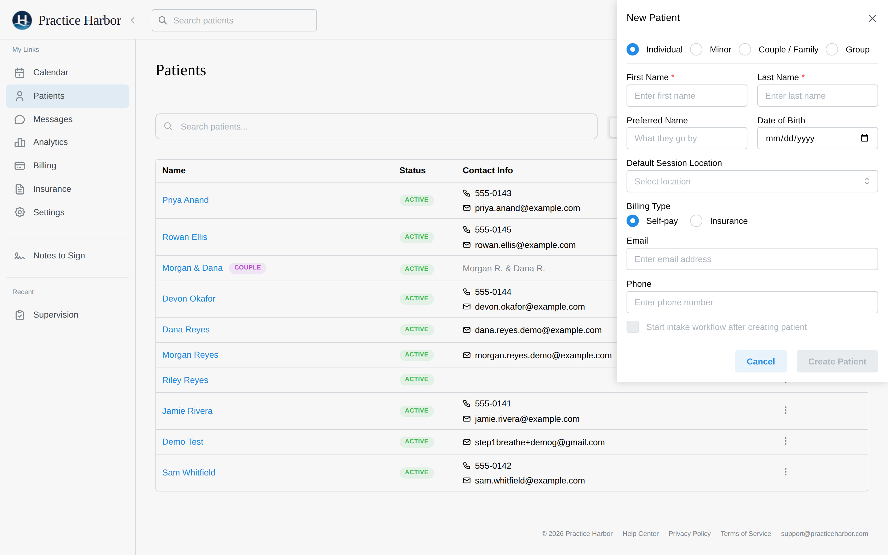 The New Patient form with client type, billing type, and the intake workflow option