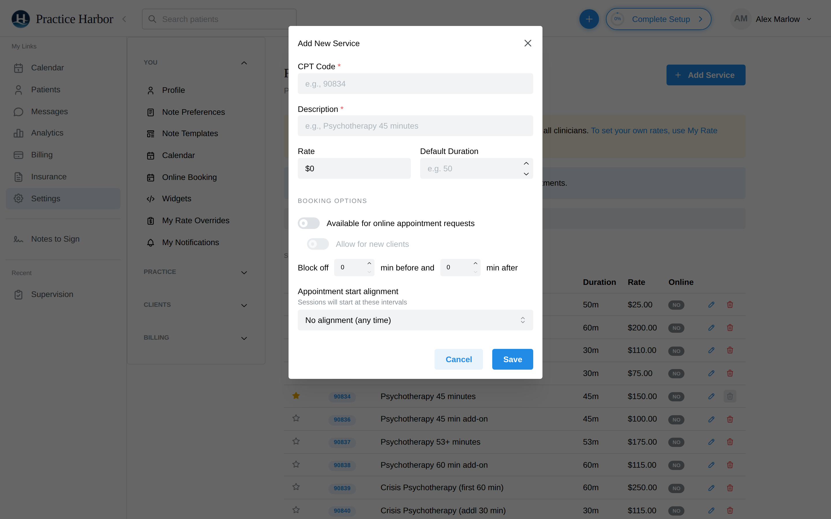 The Add New Service modal: CPT code, description, rate, duration, and booking options