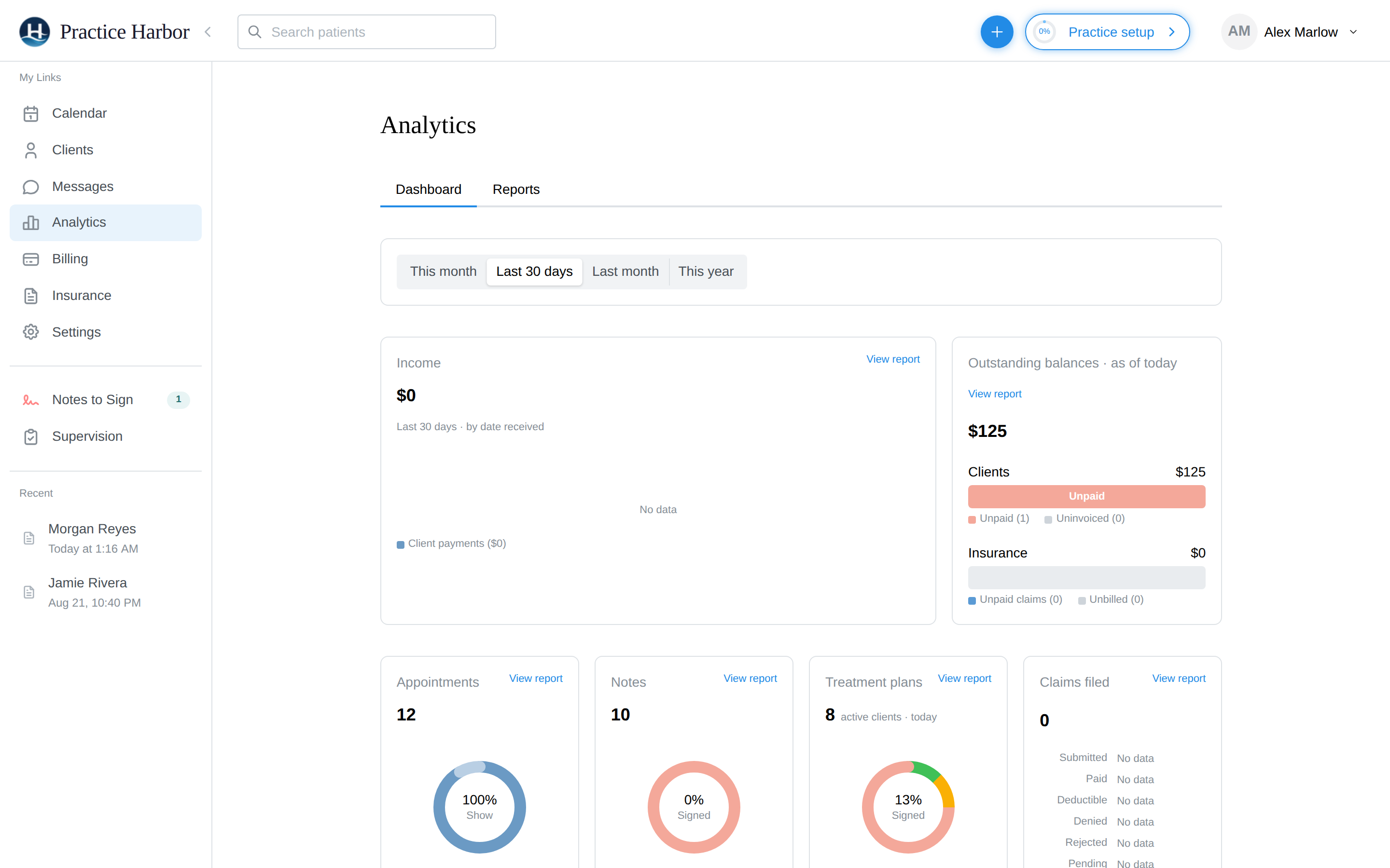 The Analytics dashboard: date-range picker and the income, balances, appointments, notes, and claims cards