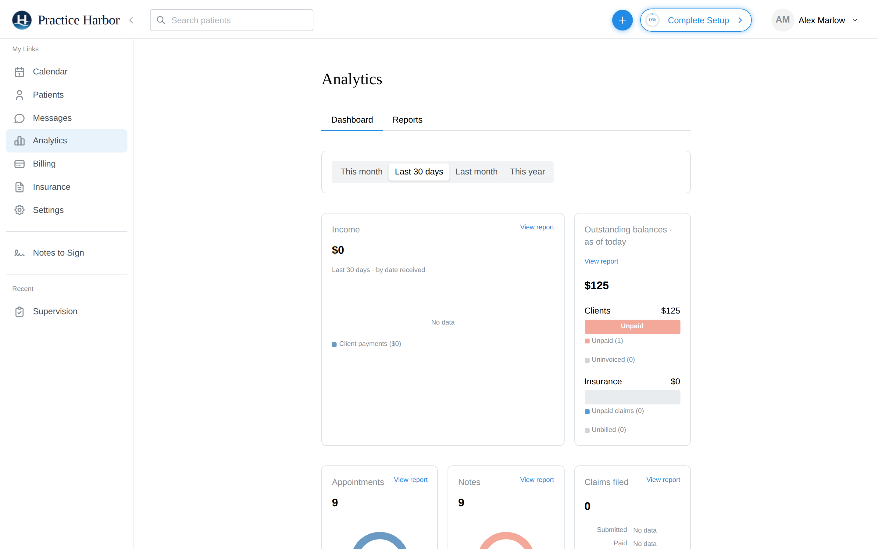 The Analytics dashboard: date-range picker and the income, balances, appointments, notes, and claims cards