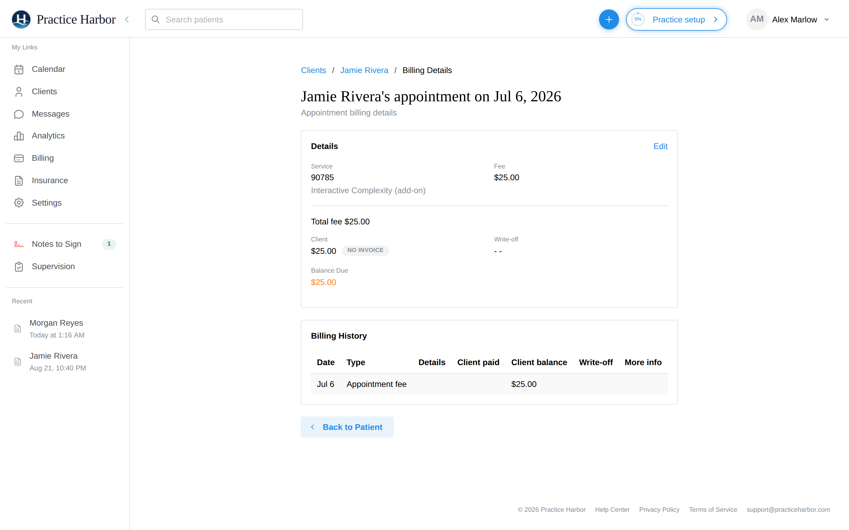 The appointment billing detail page