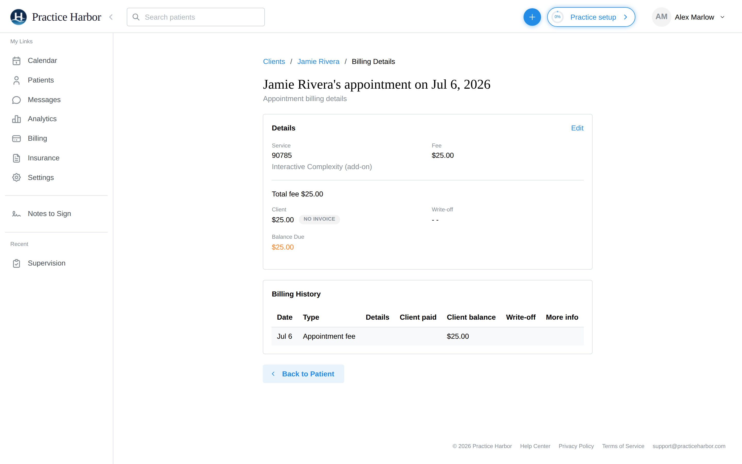 The appointment billing detail page