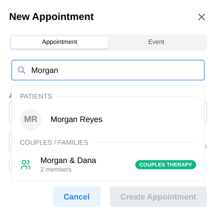 The appointment client search showing the Couples / Families section