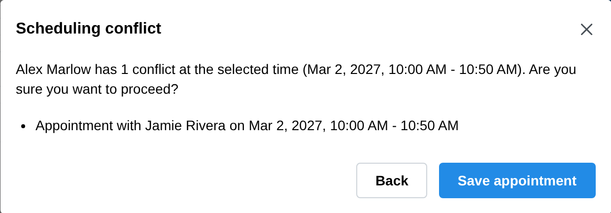 The Scheduling conflict window listing the client's existing appointment at the selected time, with Back and Save appointment buttons