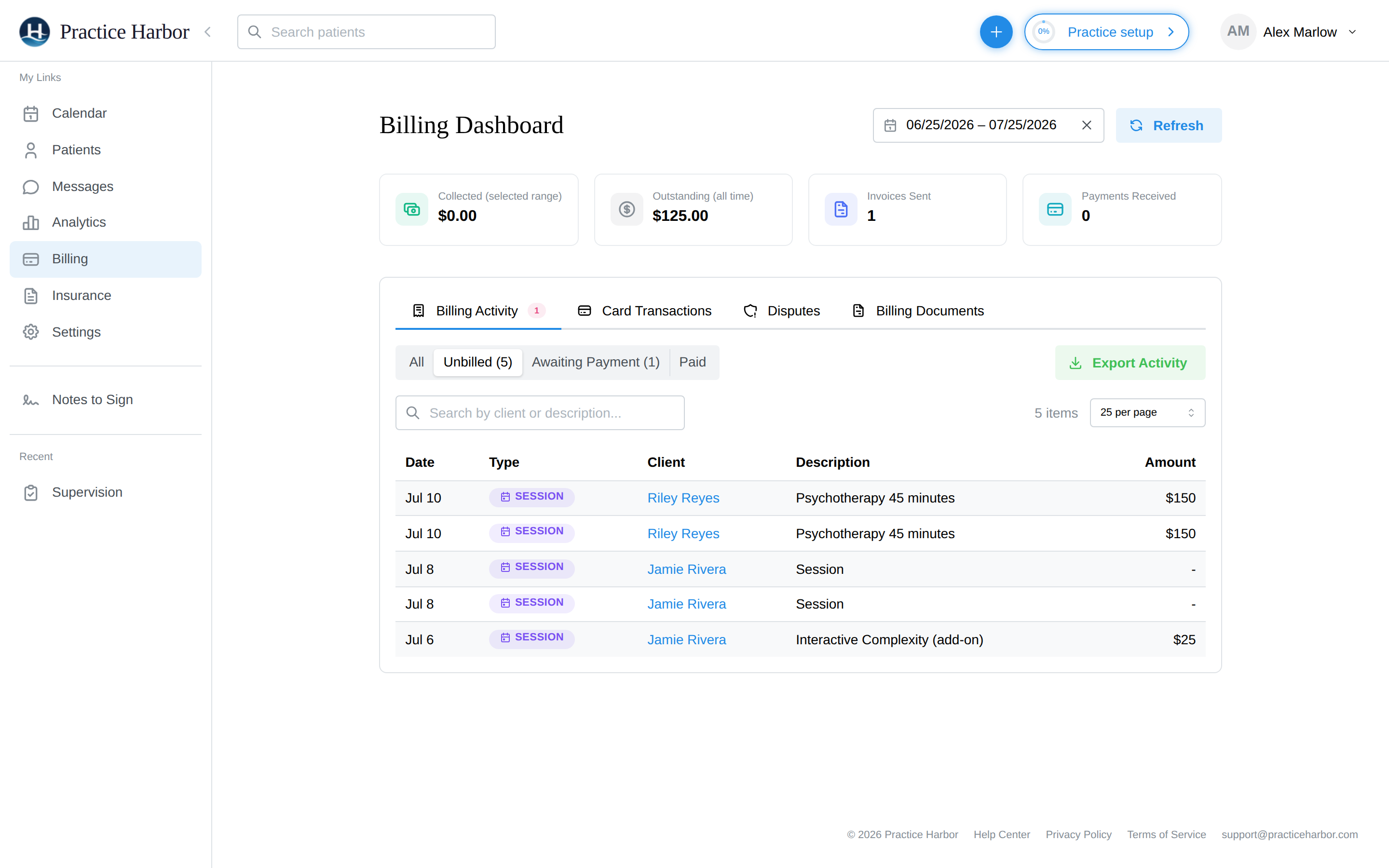 The Billing Activity tab filtered to Unbilled