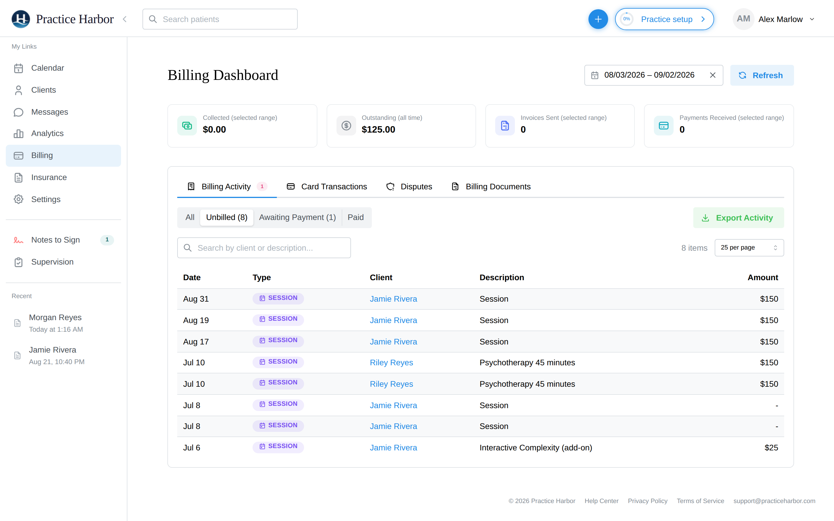 The Billing Activity tab filtered to Unbilled