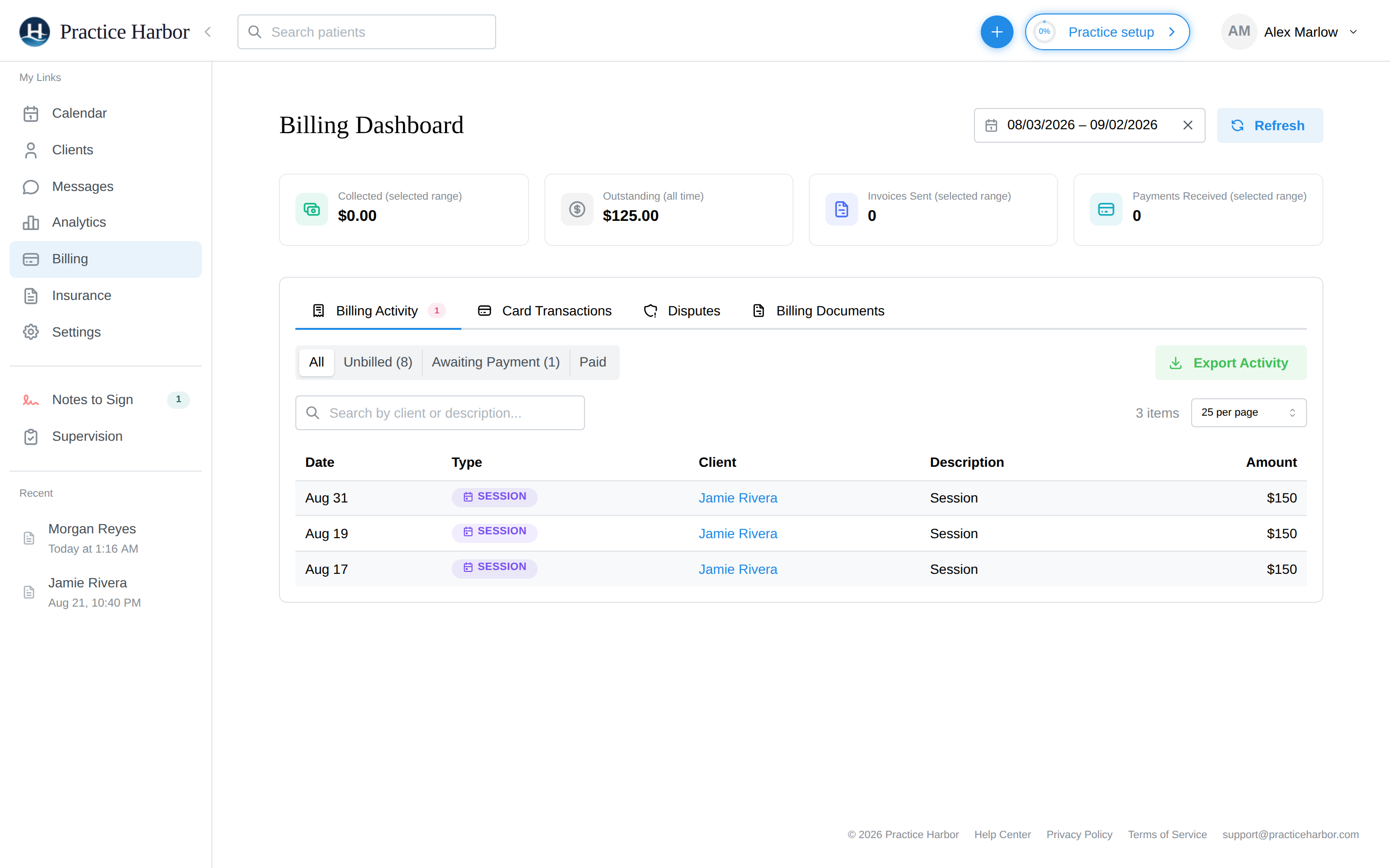 The Billing Dashboard with summary cards and the Billing Activity list