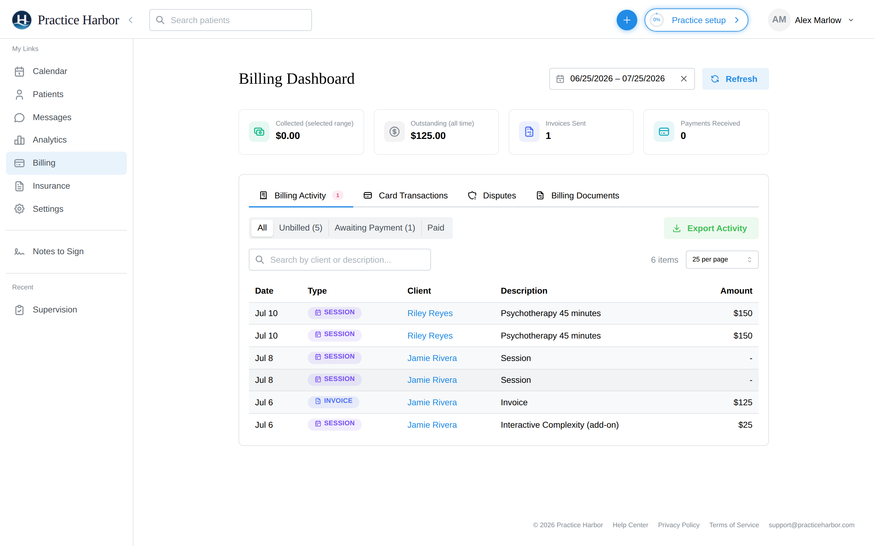 The Billing Dashboard: summary cards, date range, and the four workflow tabs