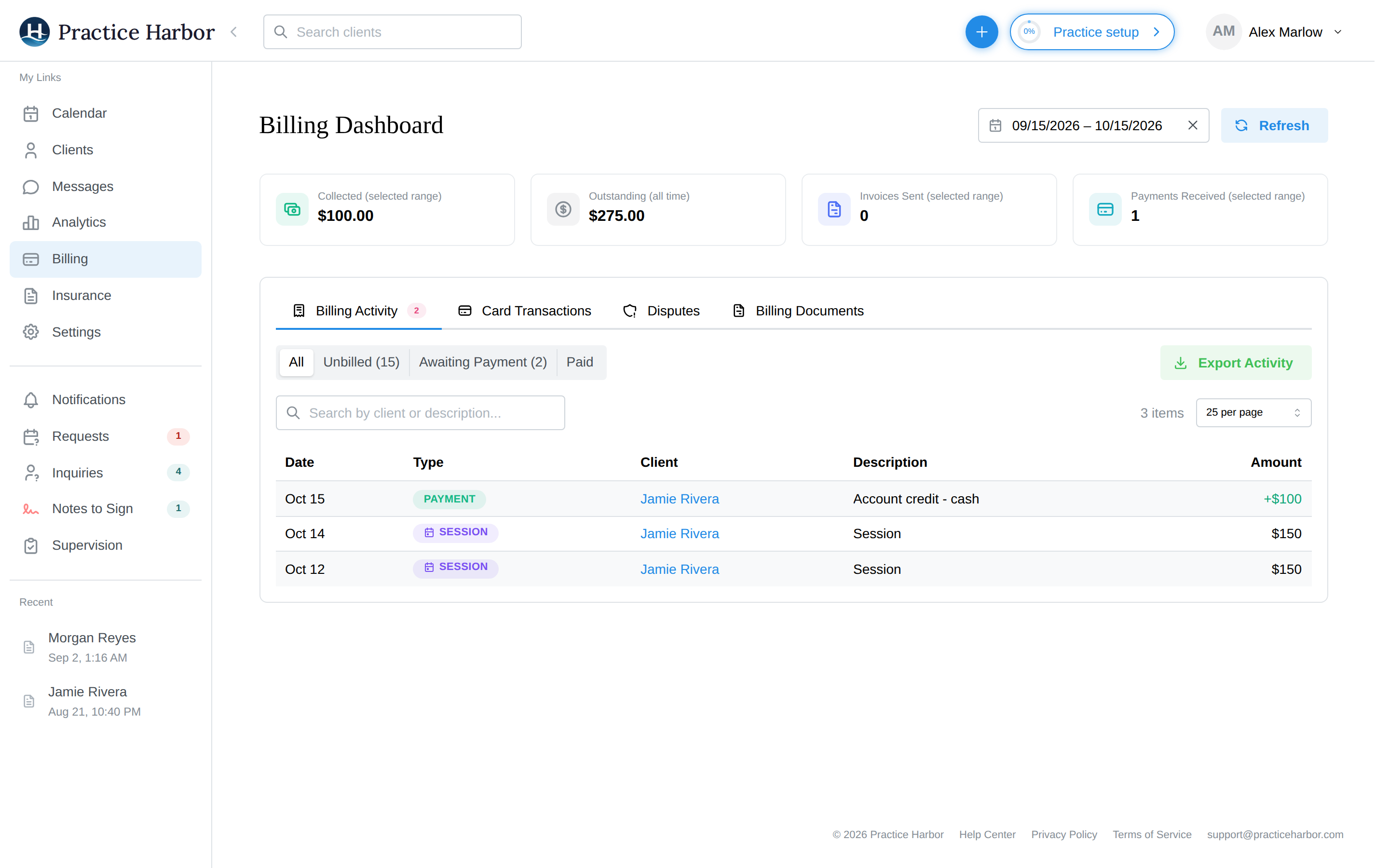 The Billing Dashboard with summary cards and the Billing Activity list