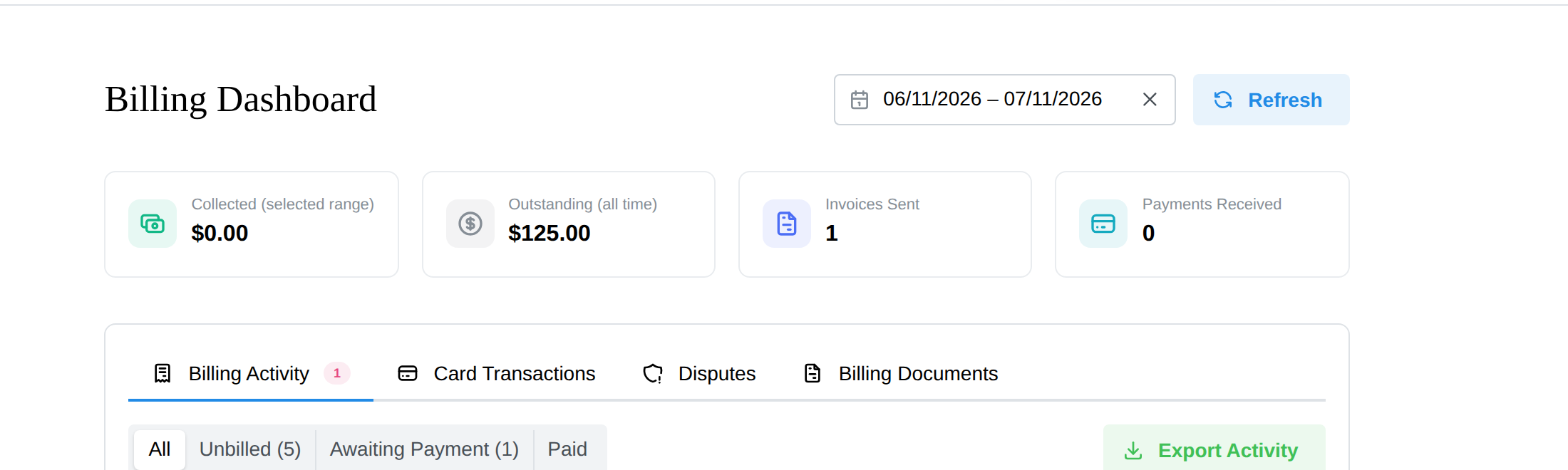 The Billing Dashboard summary cards