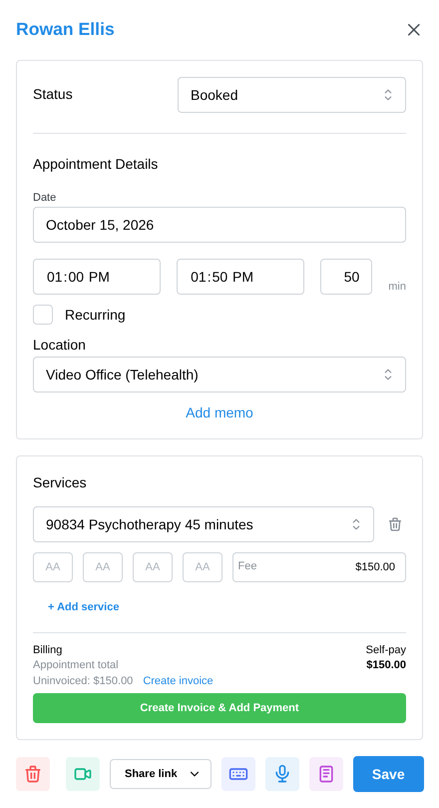 The appointment details panel: status, date and time, location, services and billing,