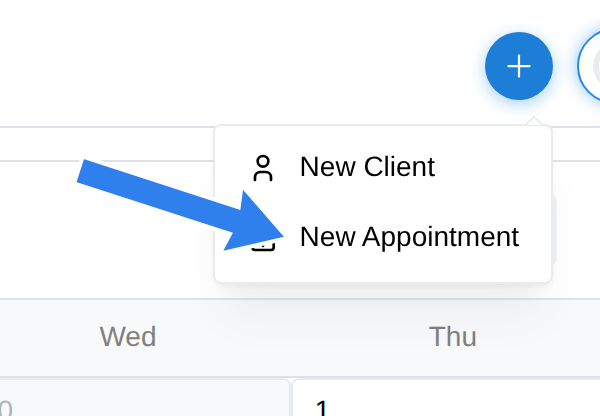 The + menu in the top bar with New Appointment highlighted