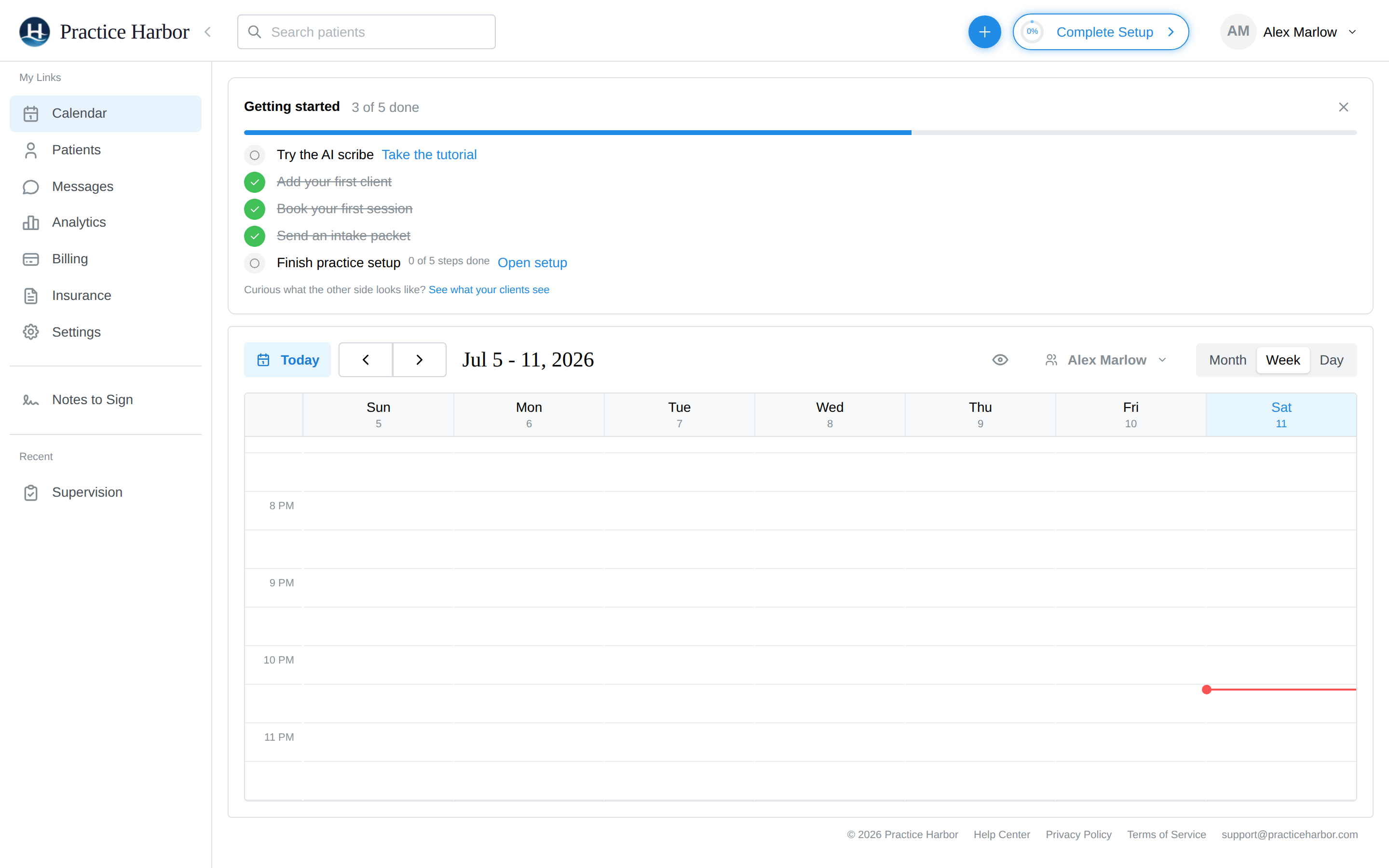 The calendar in Week view, with the Month/Week/Day toggle top right