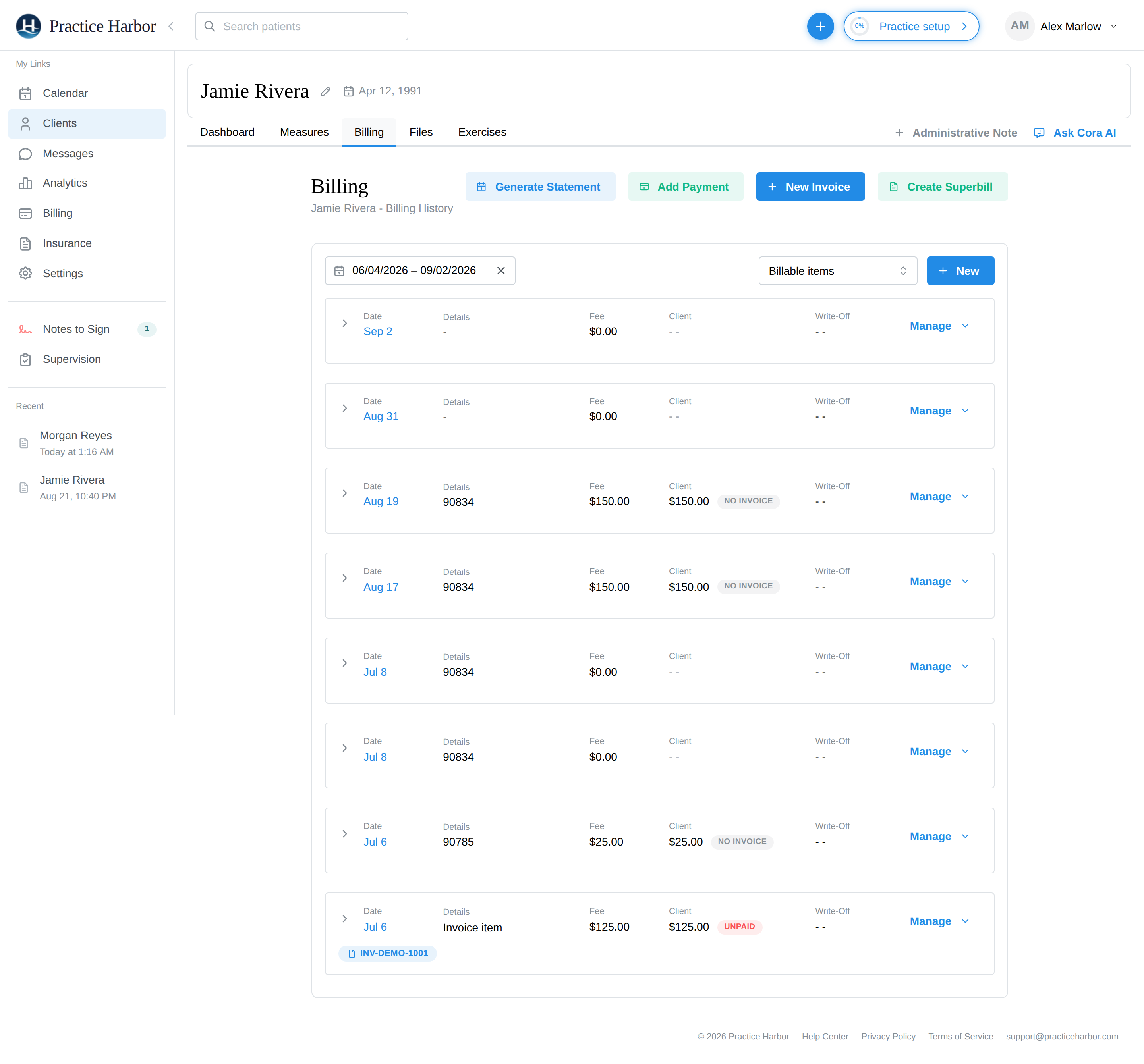 A client's Billing tab: Generate Statement, Add Payment, New Invoice, and Create Superbill