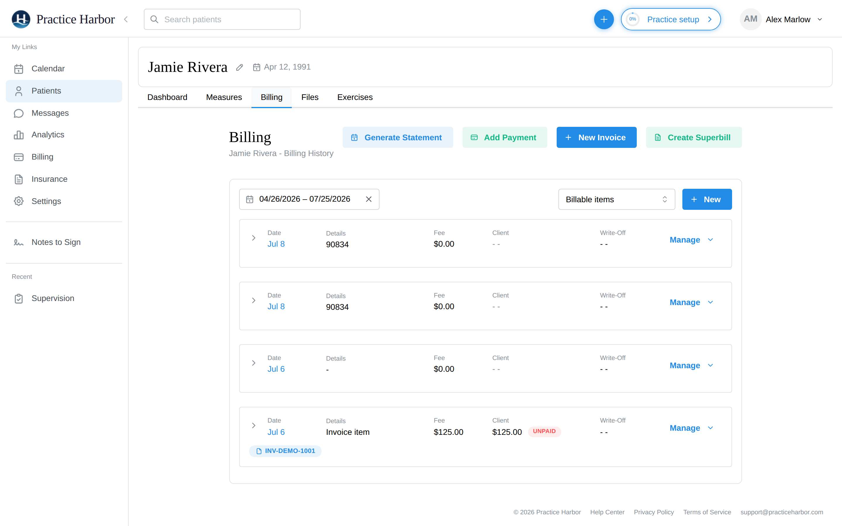 A client's Billing tab: Generate Statement, Add Payment, New Invoice, and Create Superbill