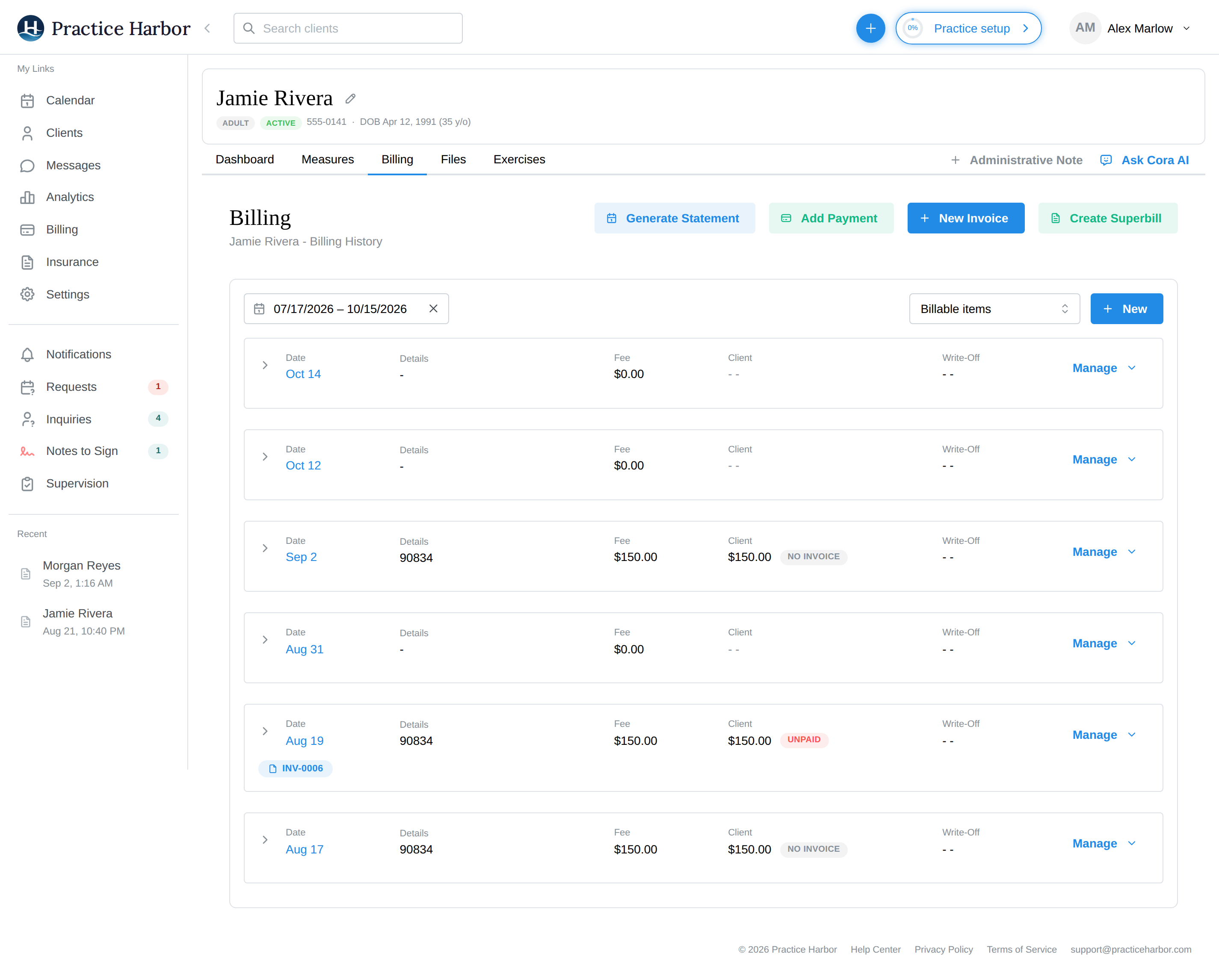 A client's Billing tab with Generate Statement, Add Payment, New Invoice, and Create Superbill