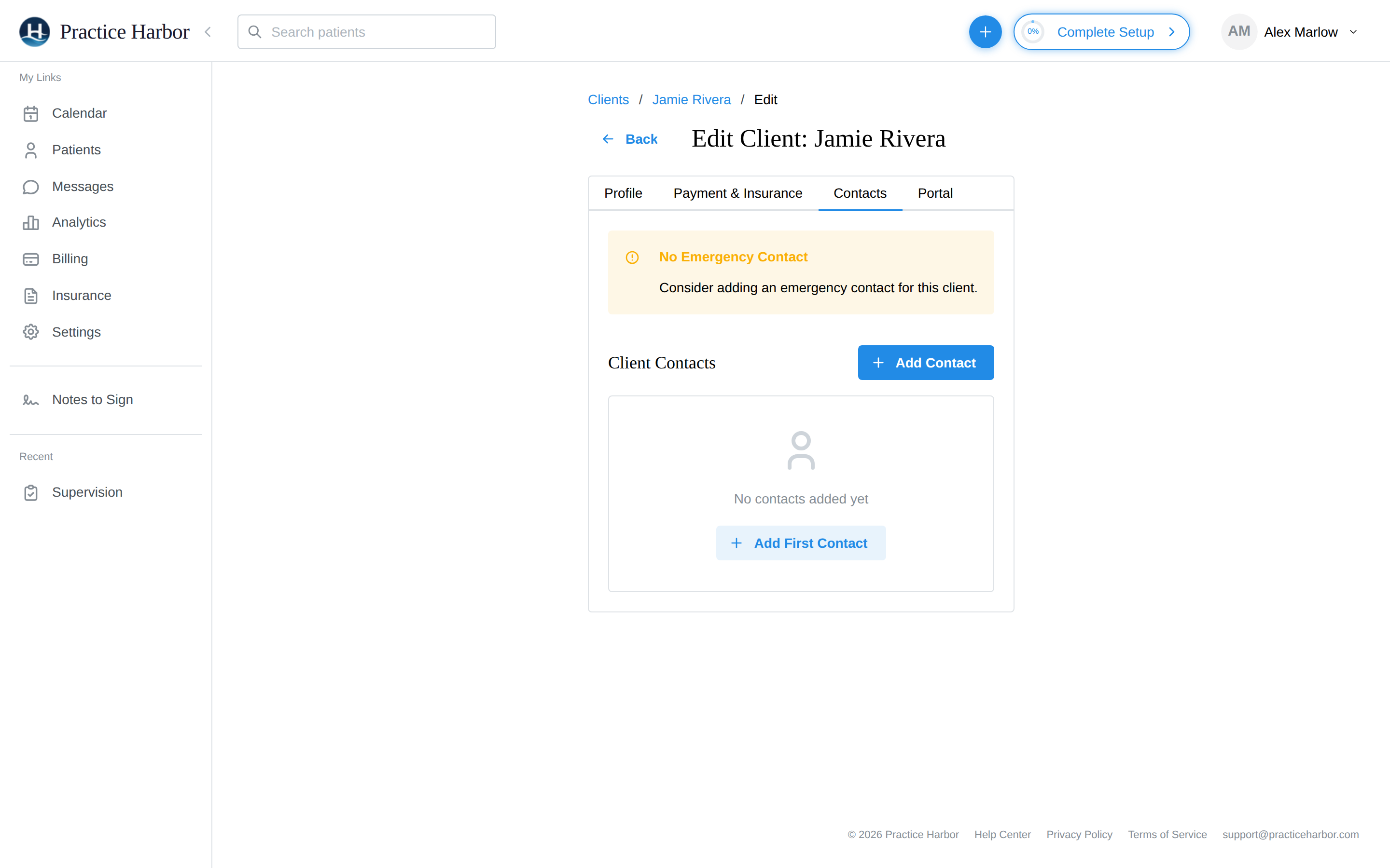 The Contacts tab of the Edit Client page