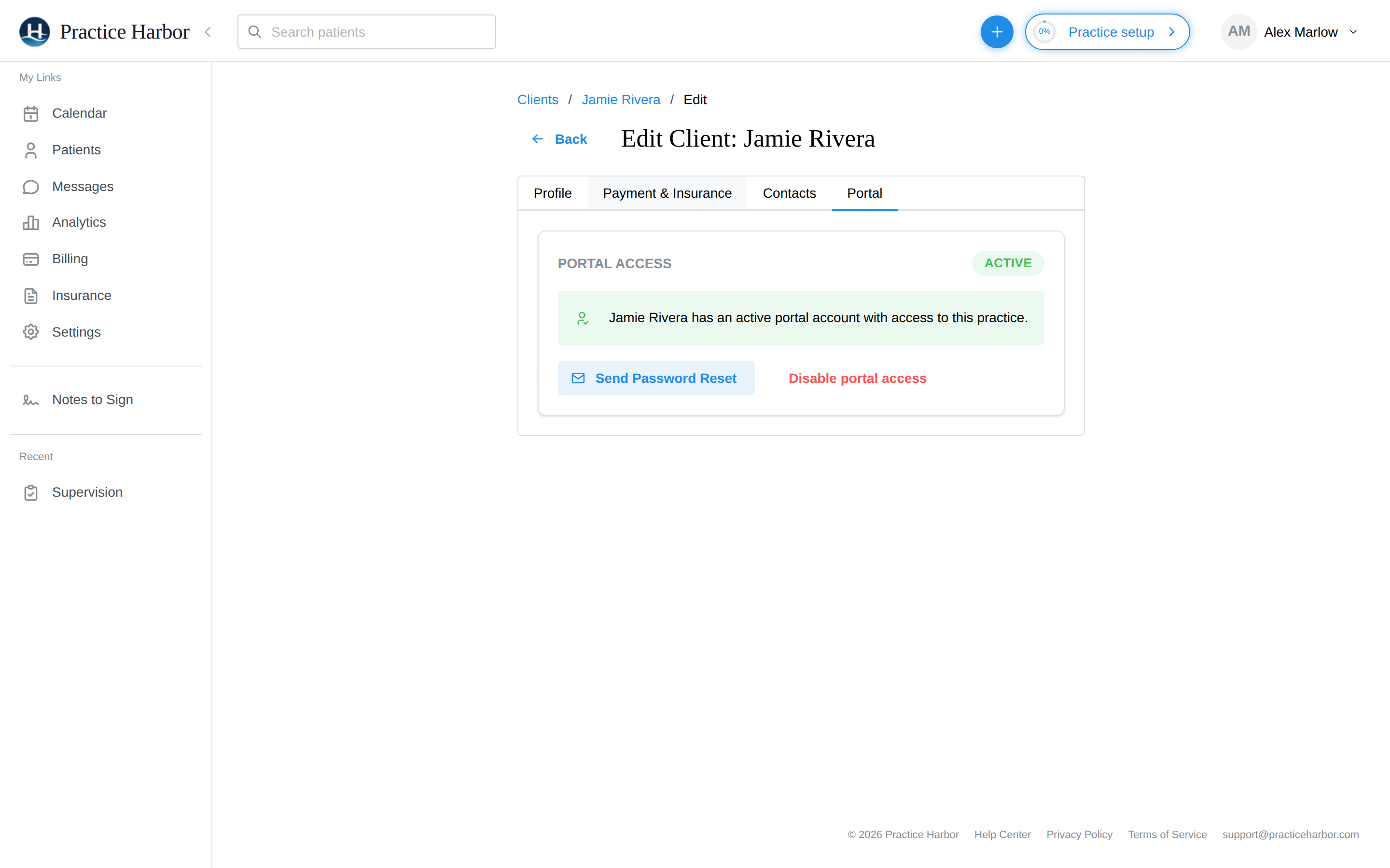 The Portal tab of the Edit Client page with the Send Invitation button