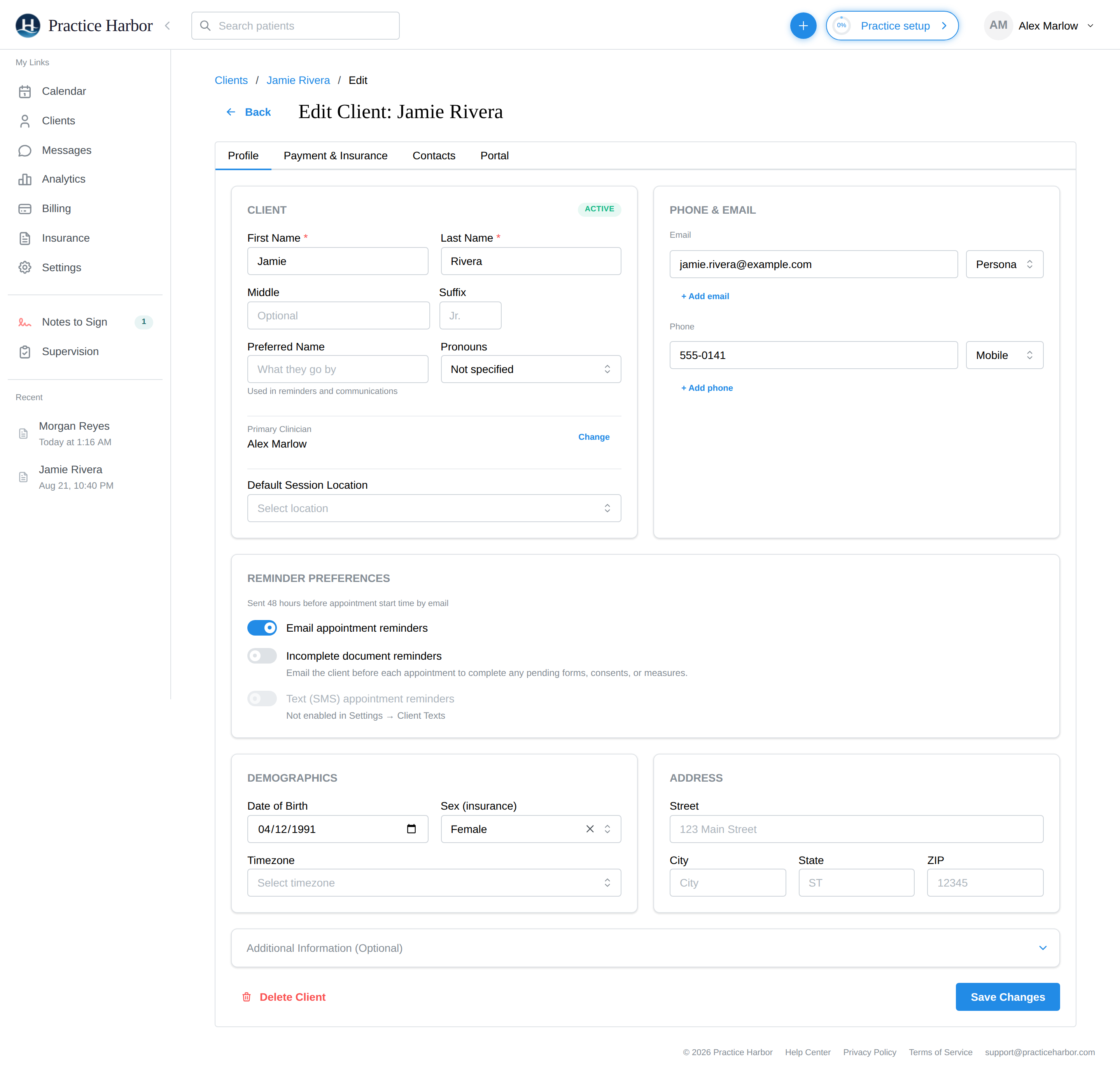 The Profile tab of the Edit Client page