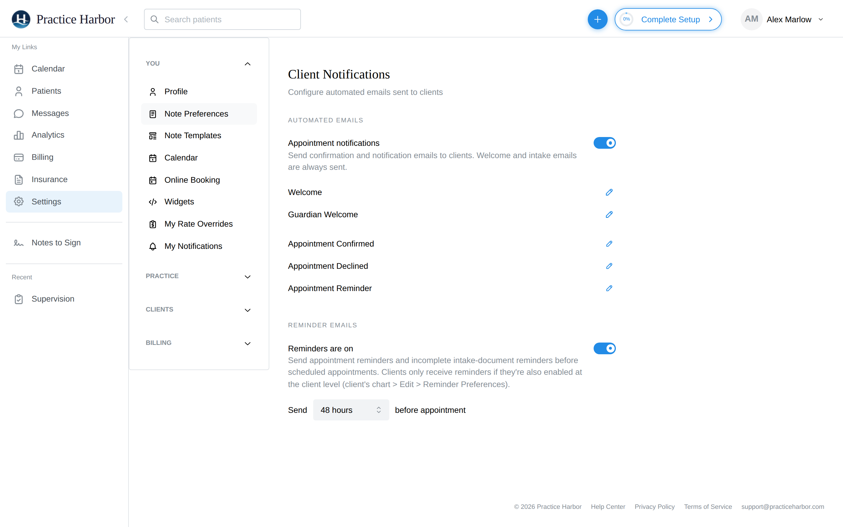 Client Notifications settings: automated email toggles, editable templates, and the reminder timing