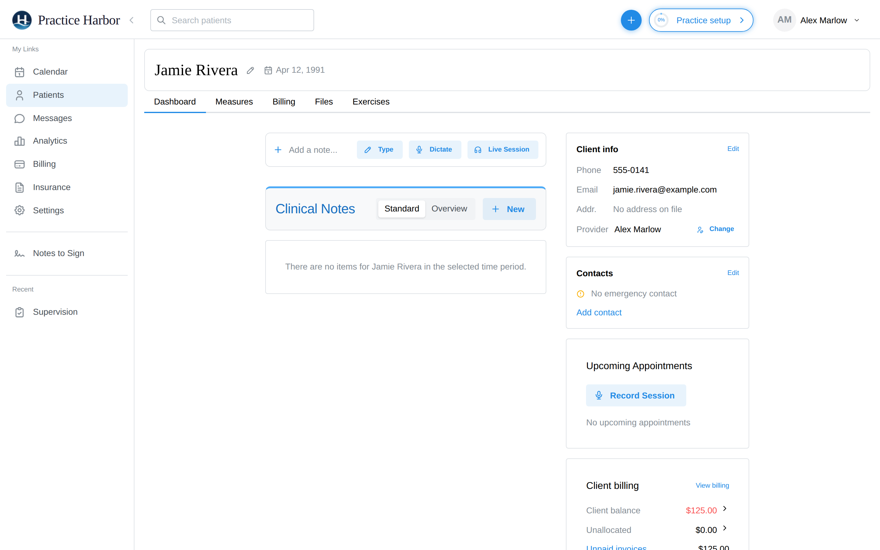 The client profile page — Dashboard tab with the Client info card and its Edit link