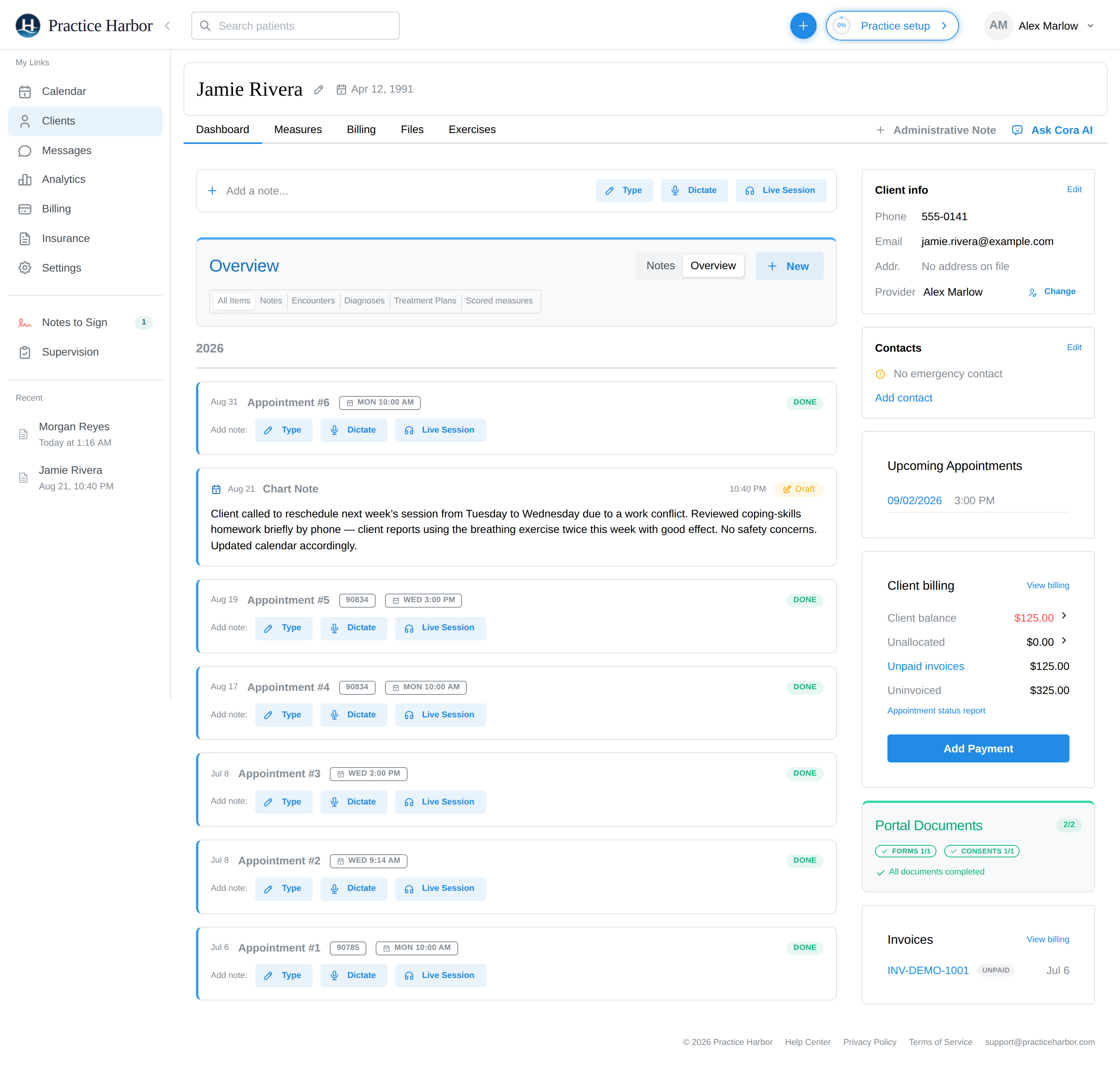 The client profile page — Dashboard tab with the Client info card and its Edit link