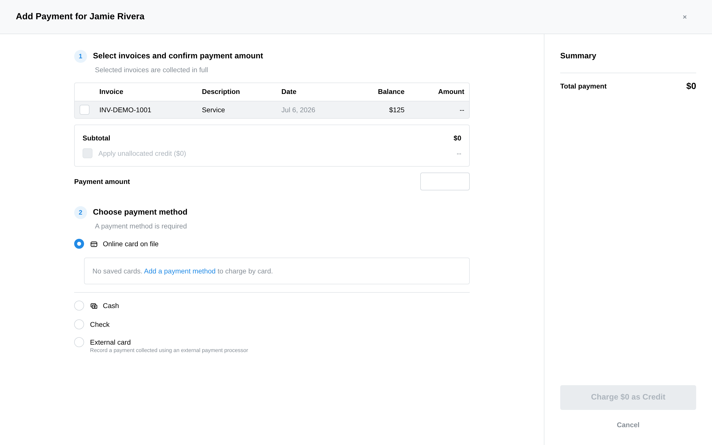 The Add Payment modal with payment method options
