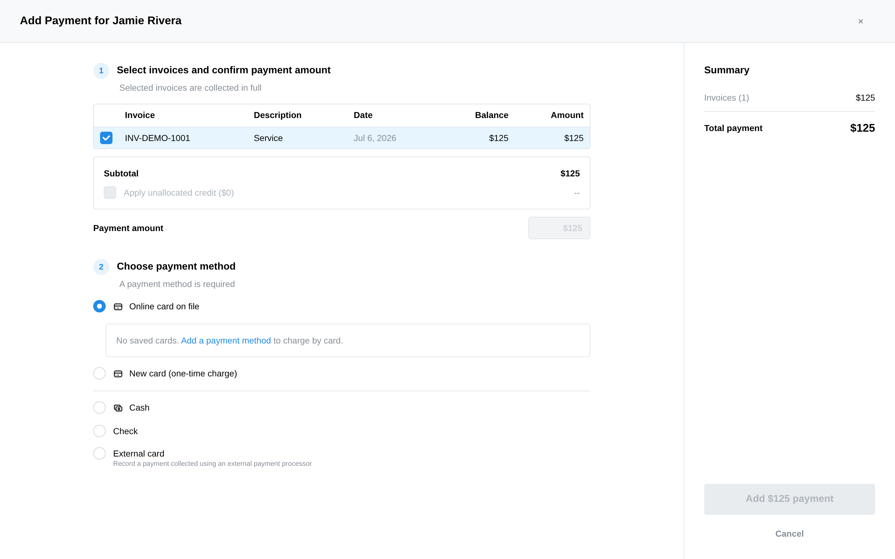 The Add Payment modal with payment method options