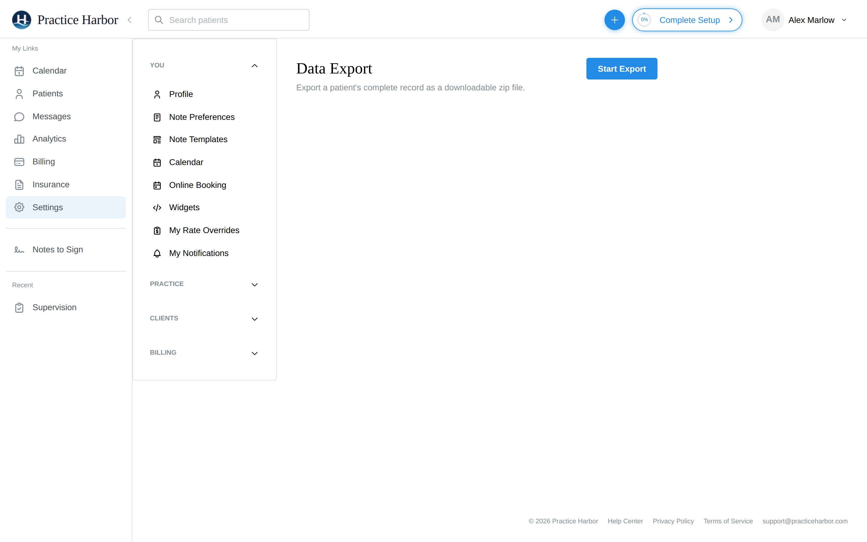 The Data Export settings page