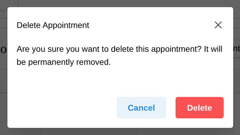 The Delete appointment confirmation window with Cancel and Delete buttons