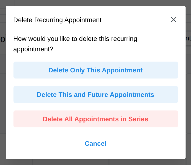 The Delete Recurring Appointment window with Delete Only This Appointment, Delete This and Future Appointments, and Delete All Appointments in Series