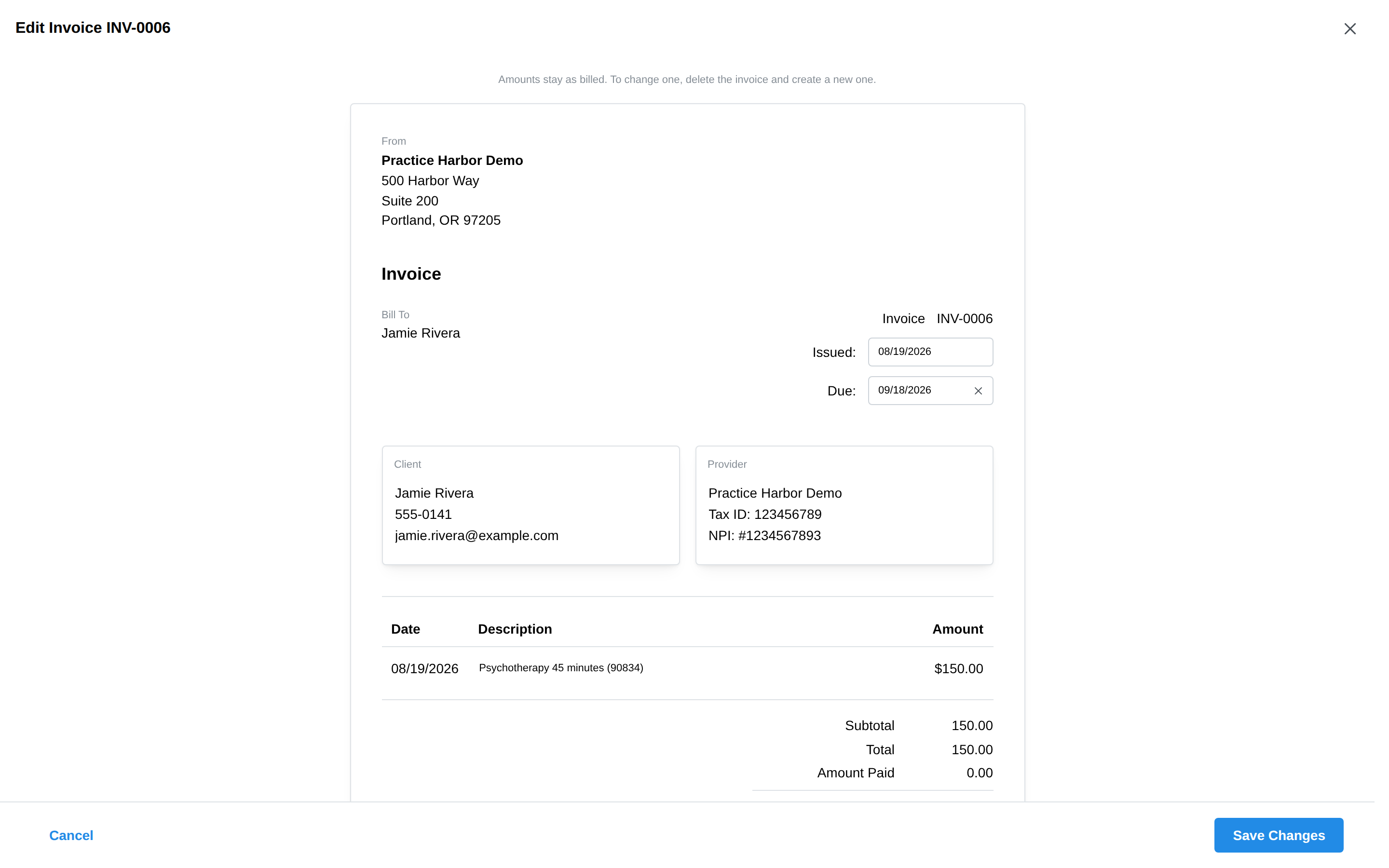 Editing an issued invoice: dates, Client and Provider boxes, line descriptions