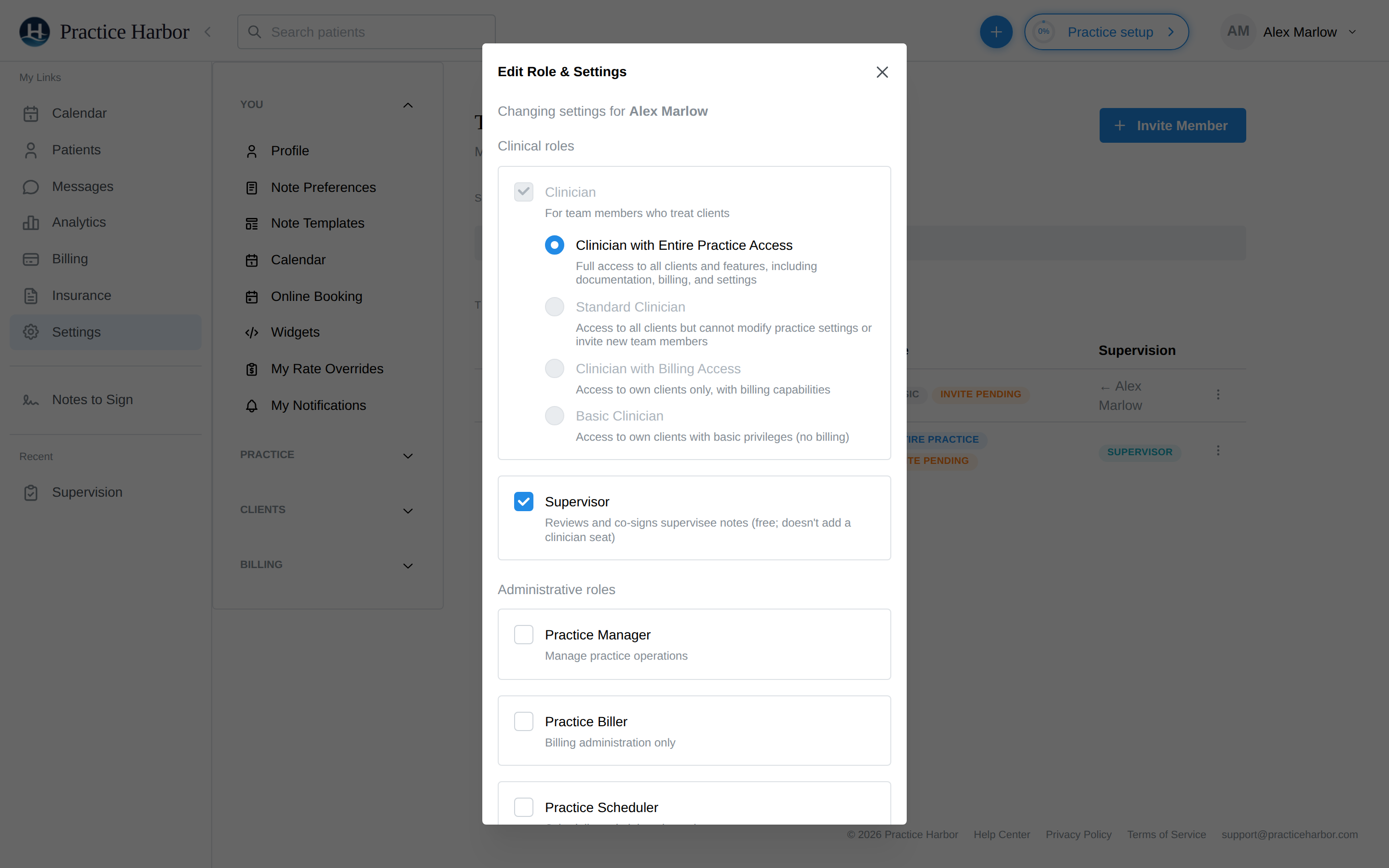 The Edit Role &amp; Settings dialog for a team member