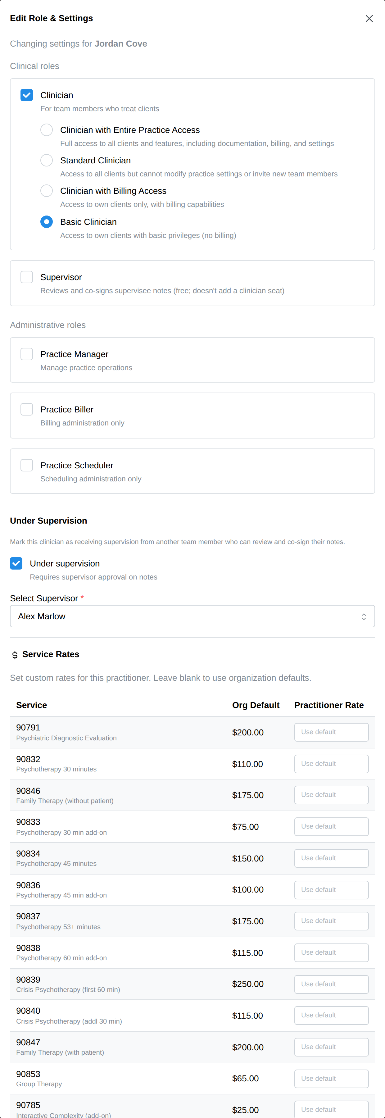 The Edit Role & Settings dialog for a team member