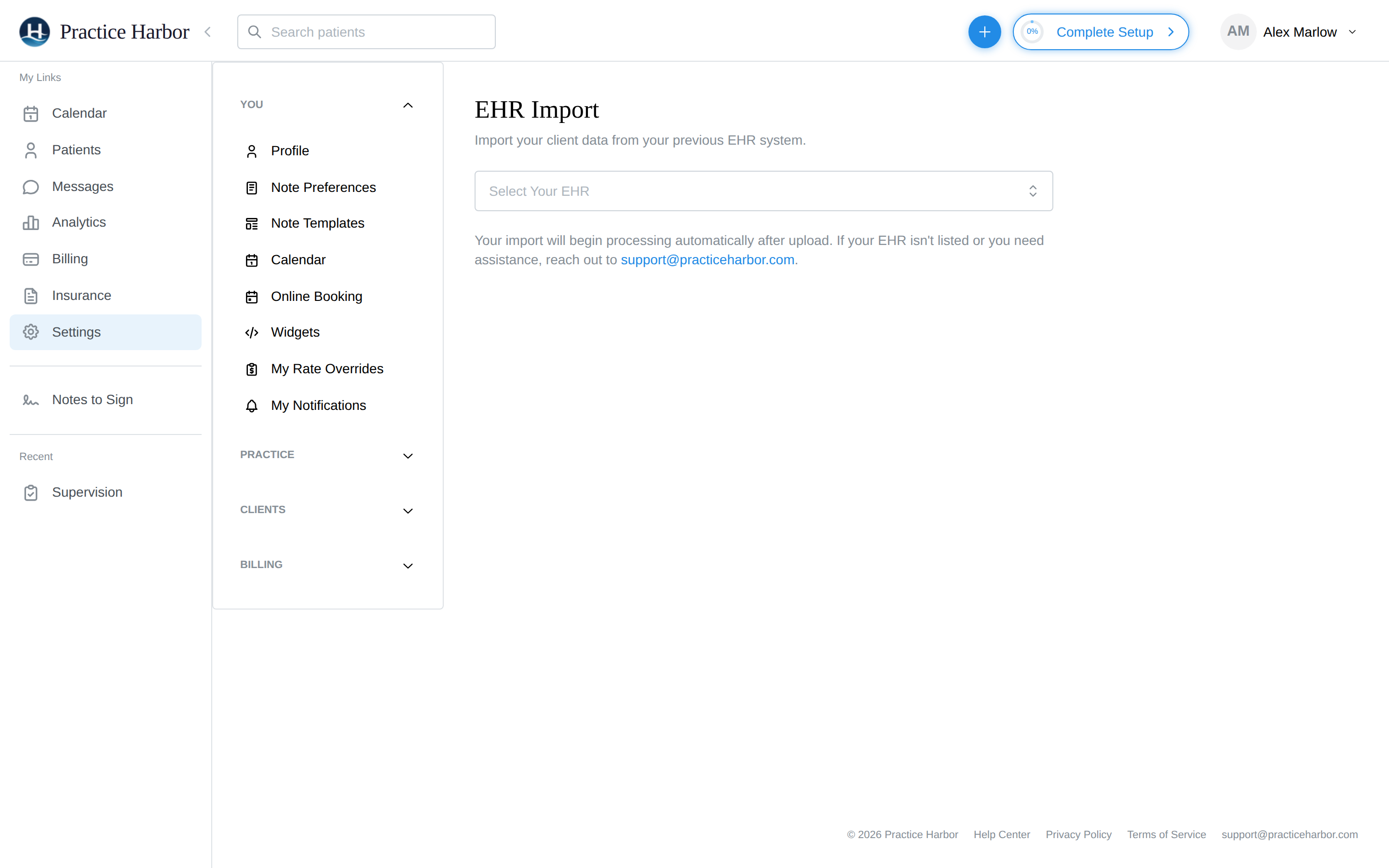The EHR Import page with the Select Your EHR dropdown