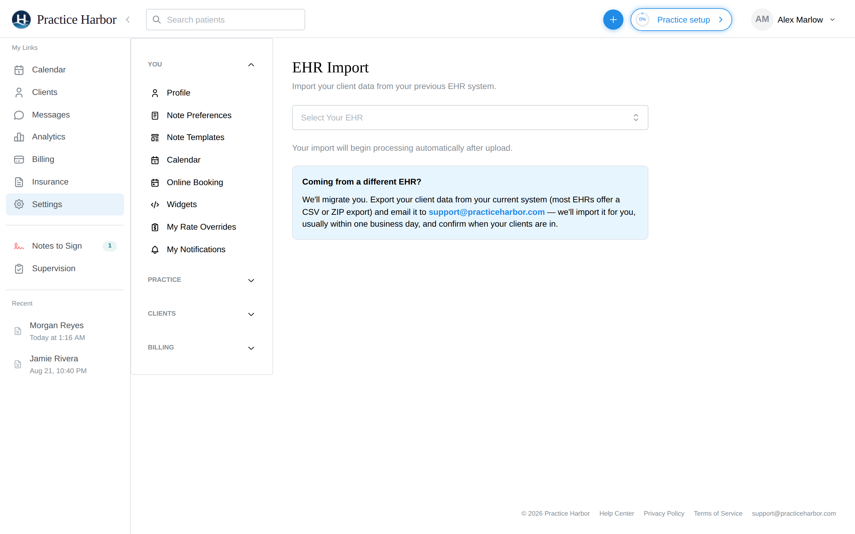 The EHR Import page with the Select Your EHR dropdown