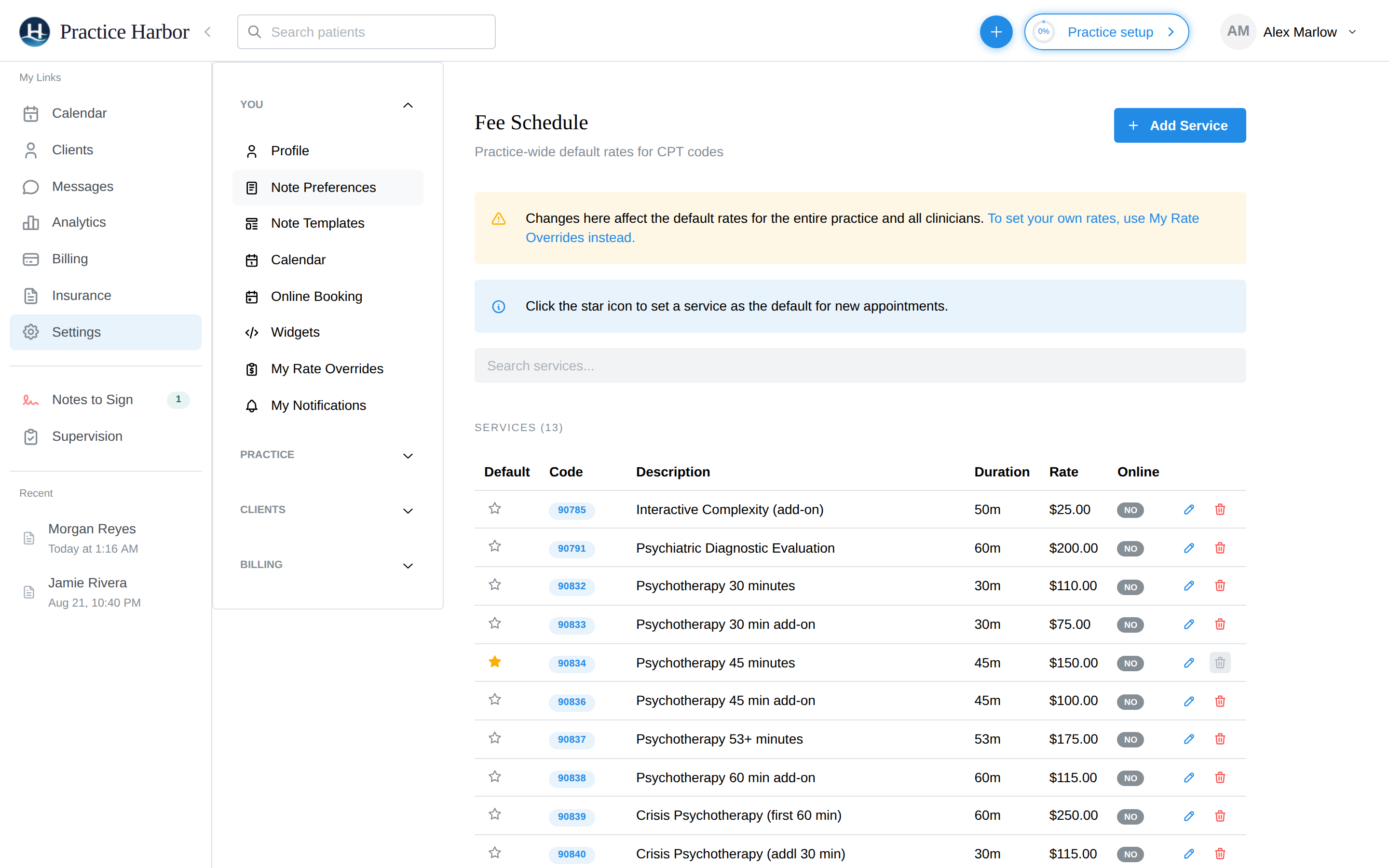 The practice Fee Schedule at Settings → Fee Schedule