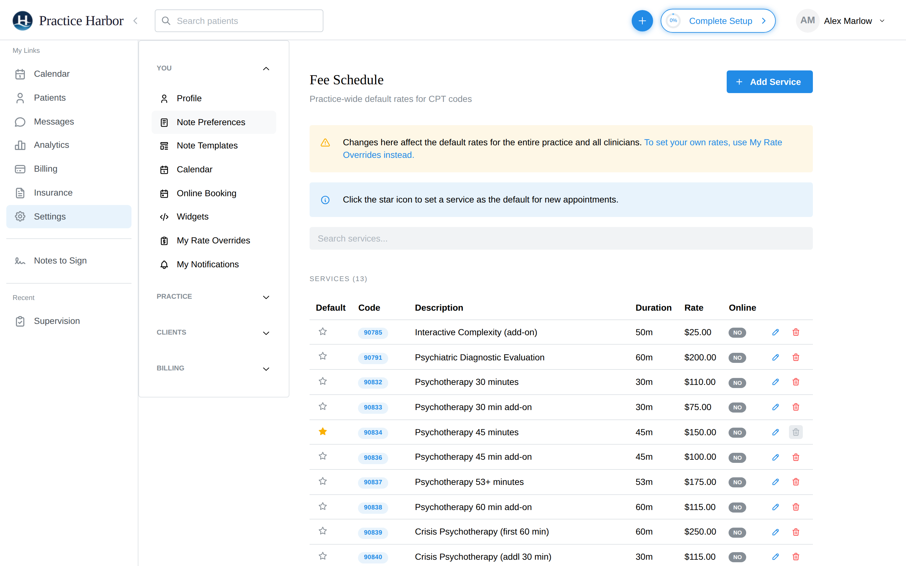 The Fee Schedule: practice-wide default rates per CPT code, with the starred default service