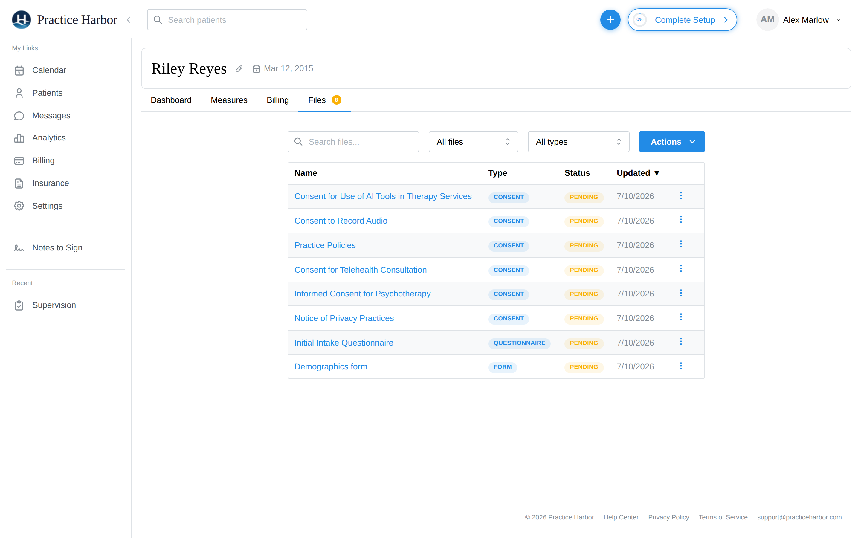 The Files tab with pending intake forms, type and status badges, and the Actions menu