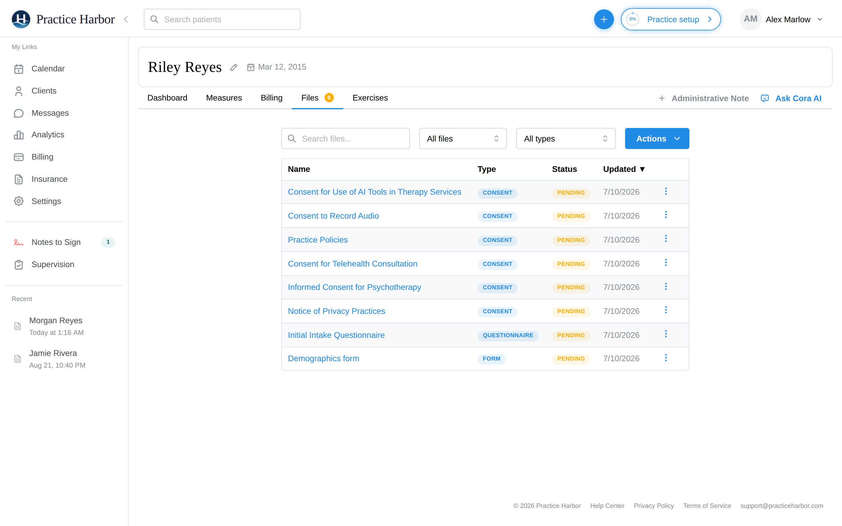 The Files tab with pending intake forms, type and status badges, and the Actions menu