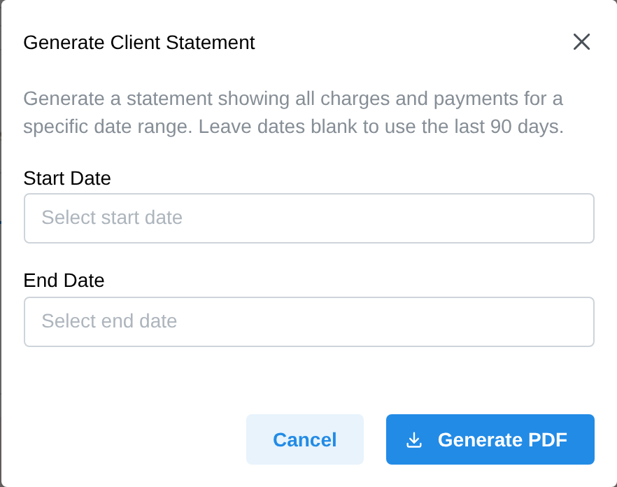 The Generate Client Statement window with start and end dates