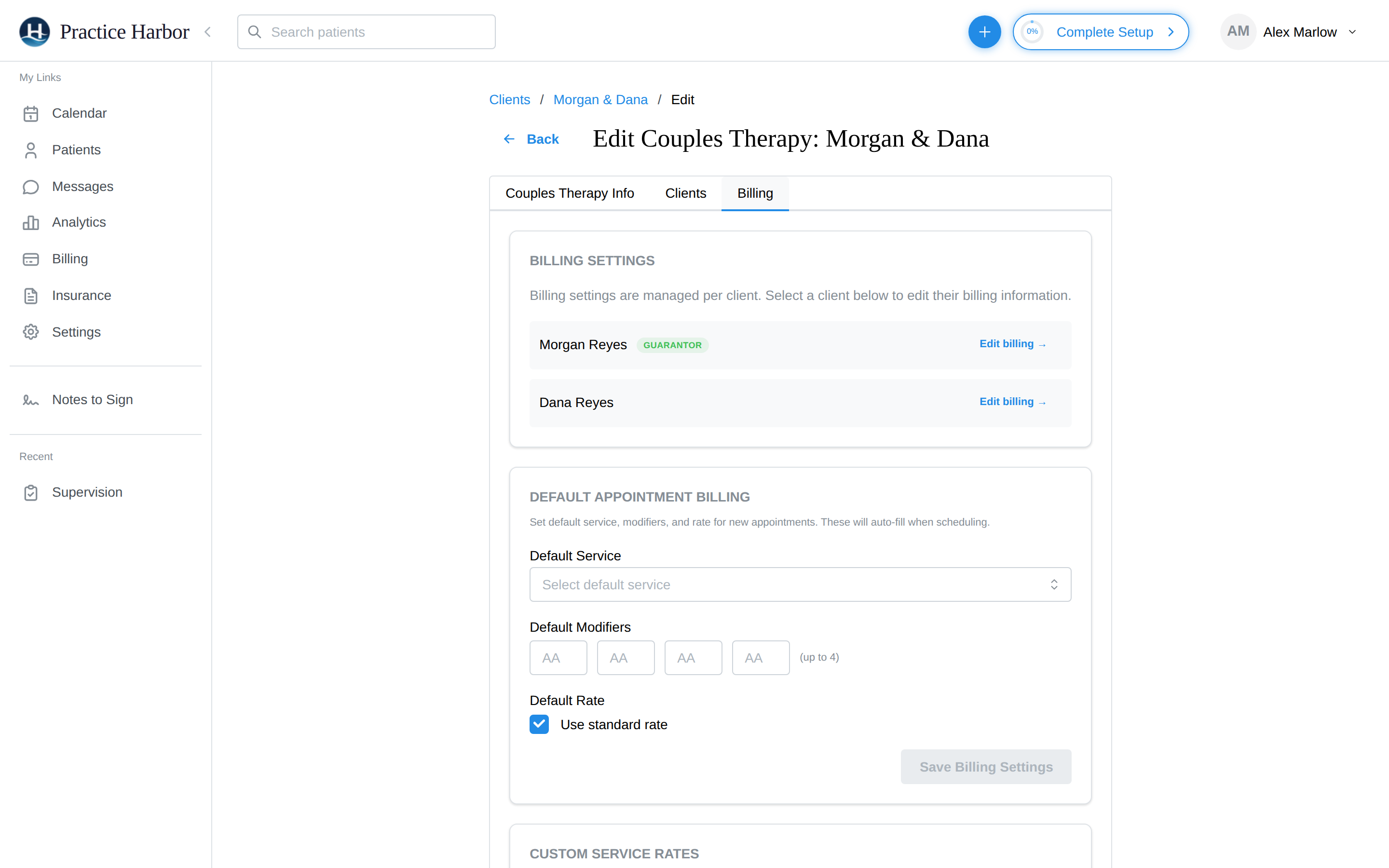 The group Billing tab with default appointment billing and custom service rates