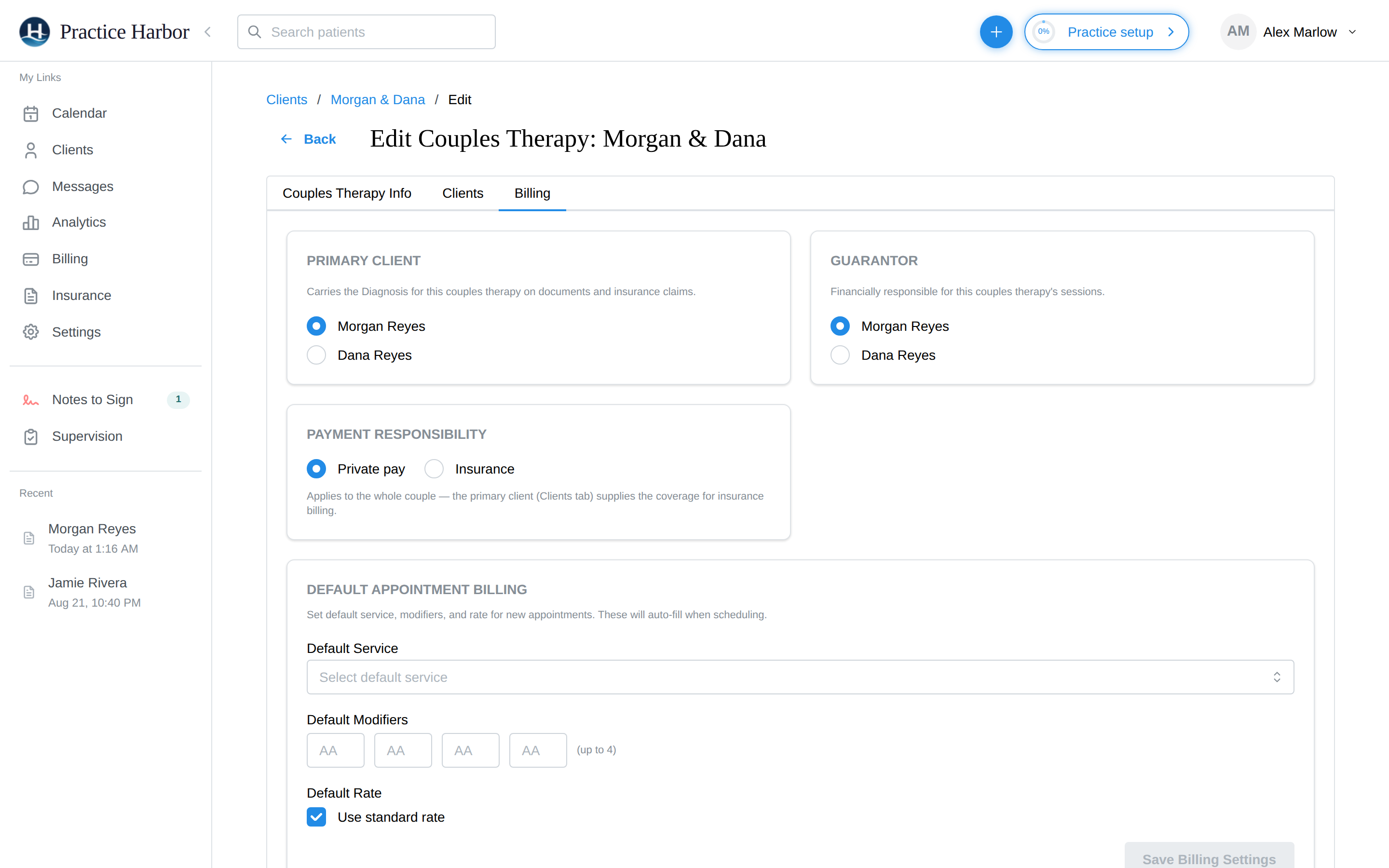The group Billing tab with default appointment billing and custom service rates
