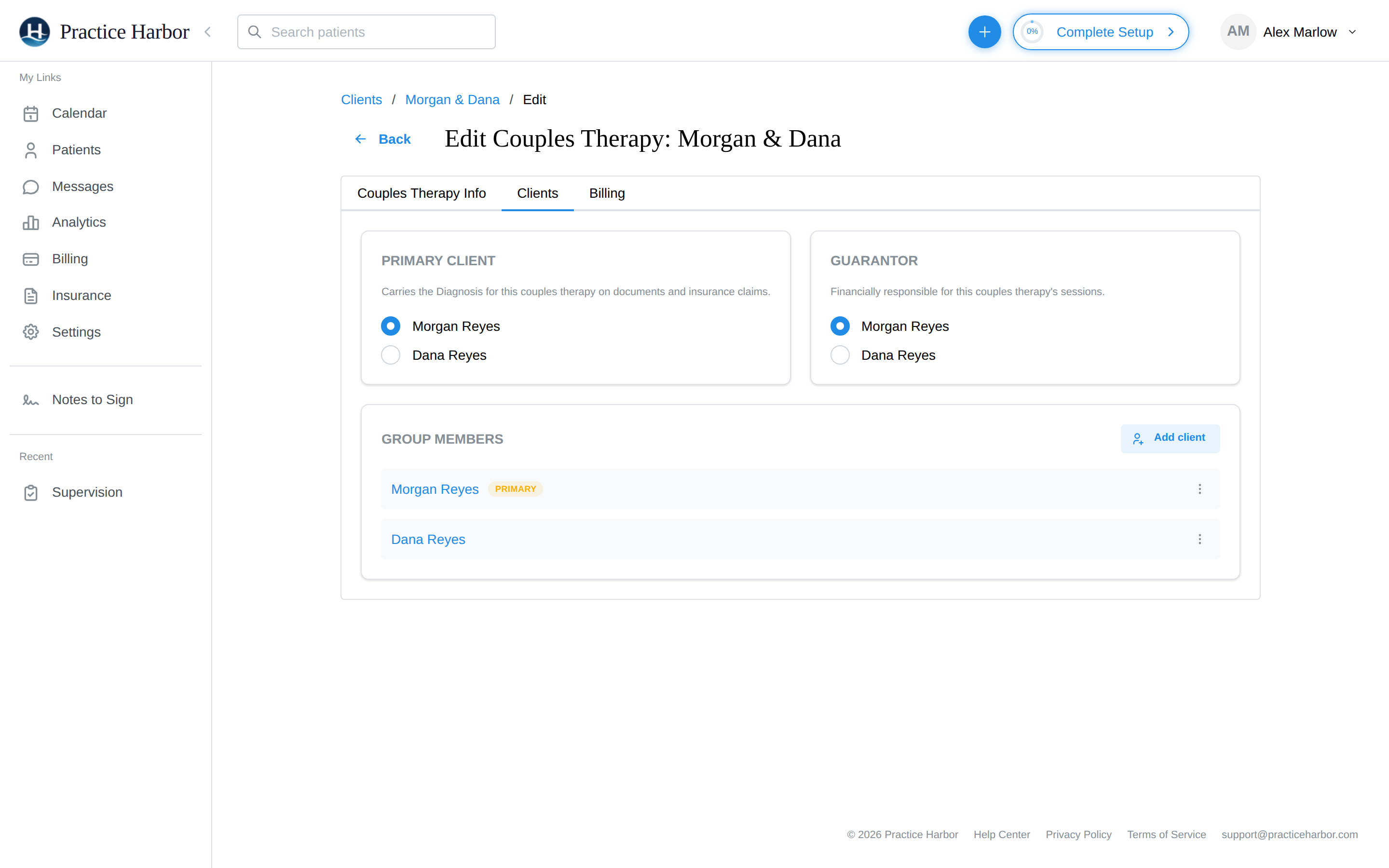 The Clients tab with Primary Client and Guarantor selection and the member list