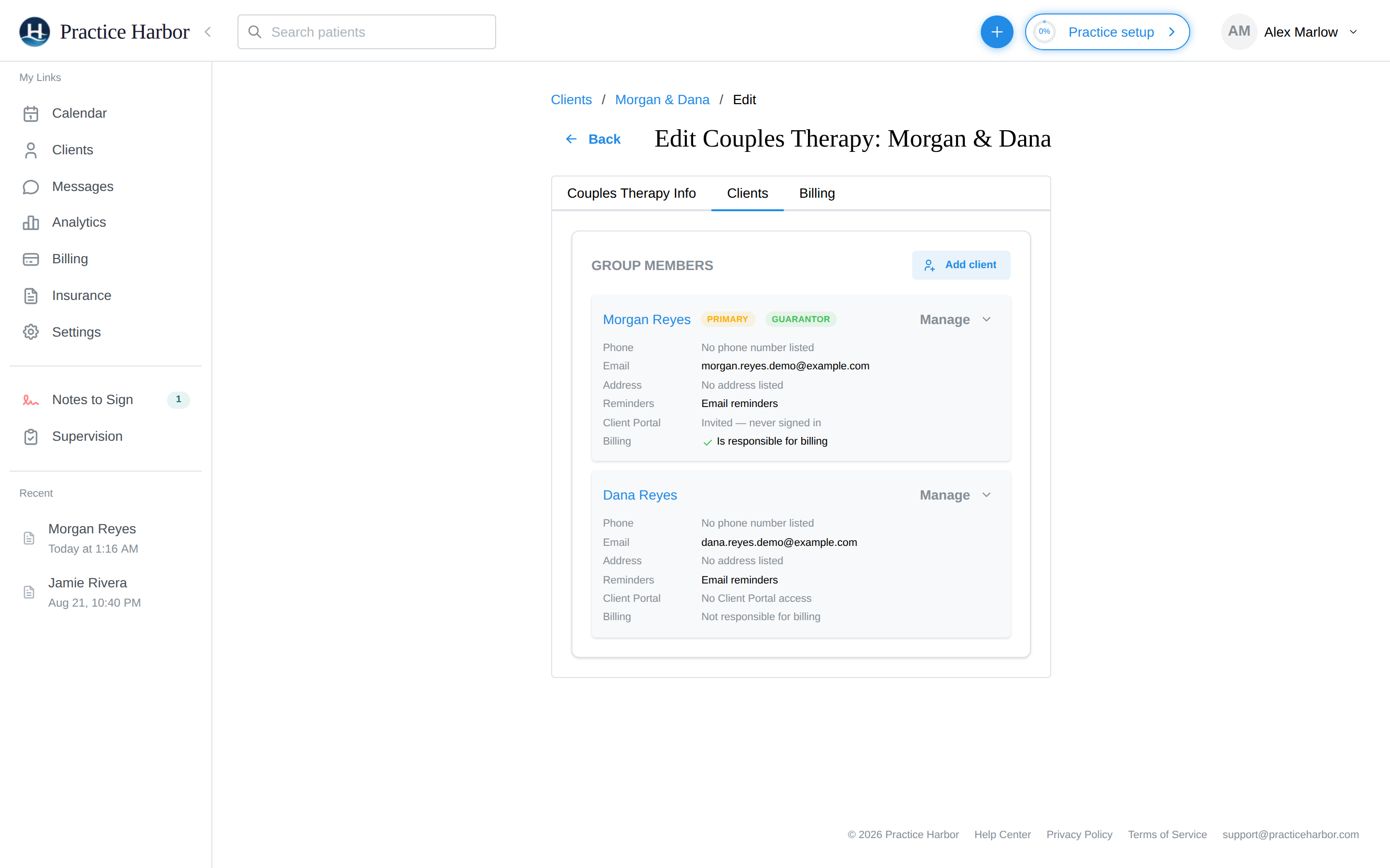 The Clients tab with Primary Client and Guarantor selection and the member list