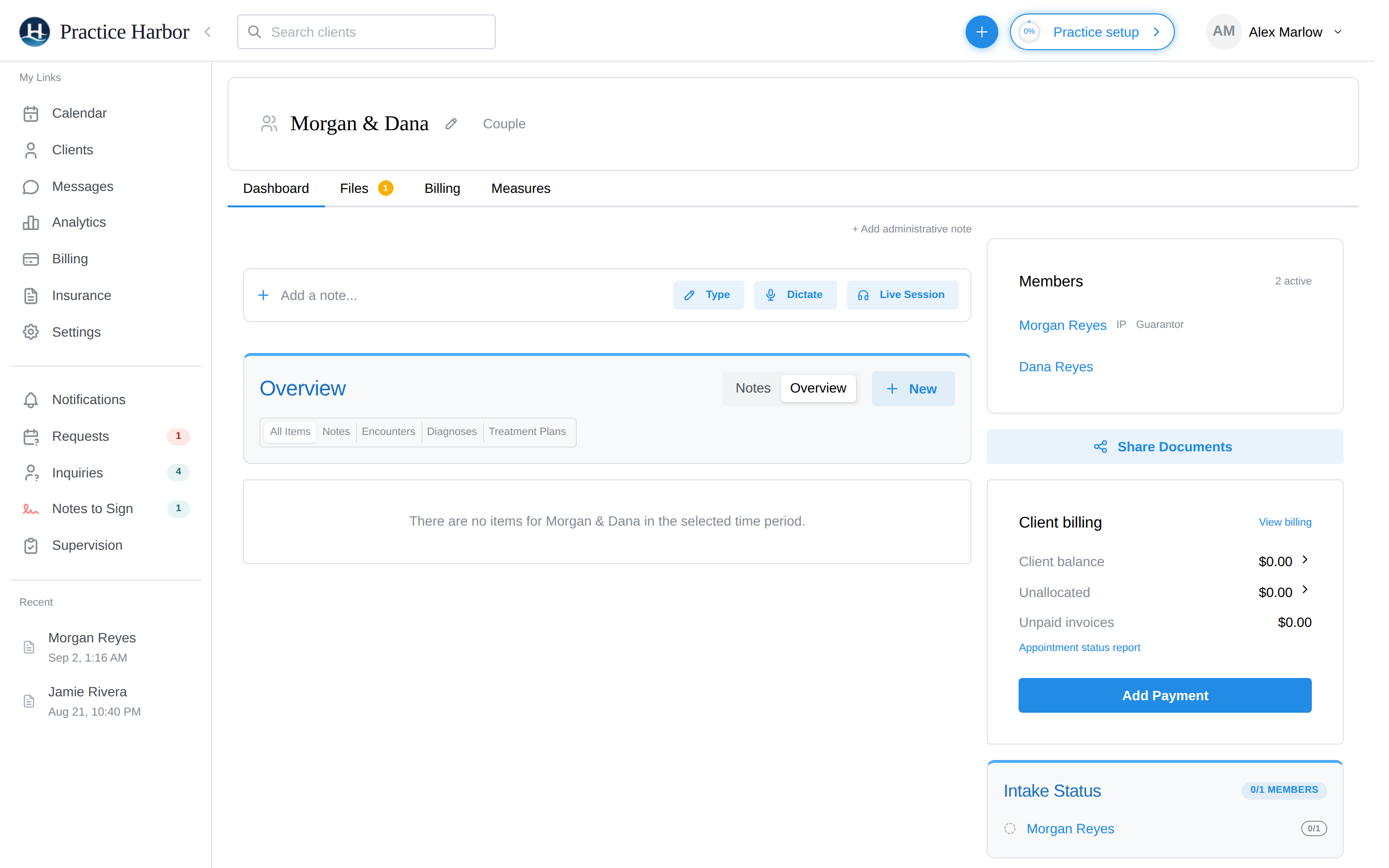 The group profile with note bar, Members card, Share Documents, and billing summary