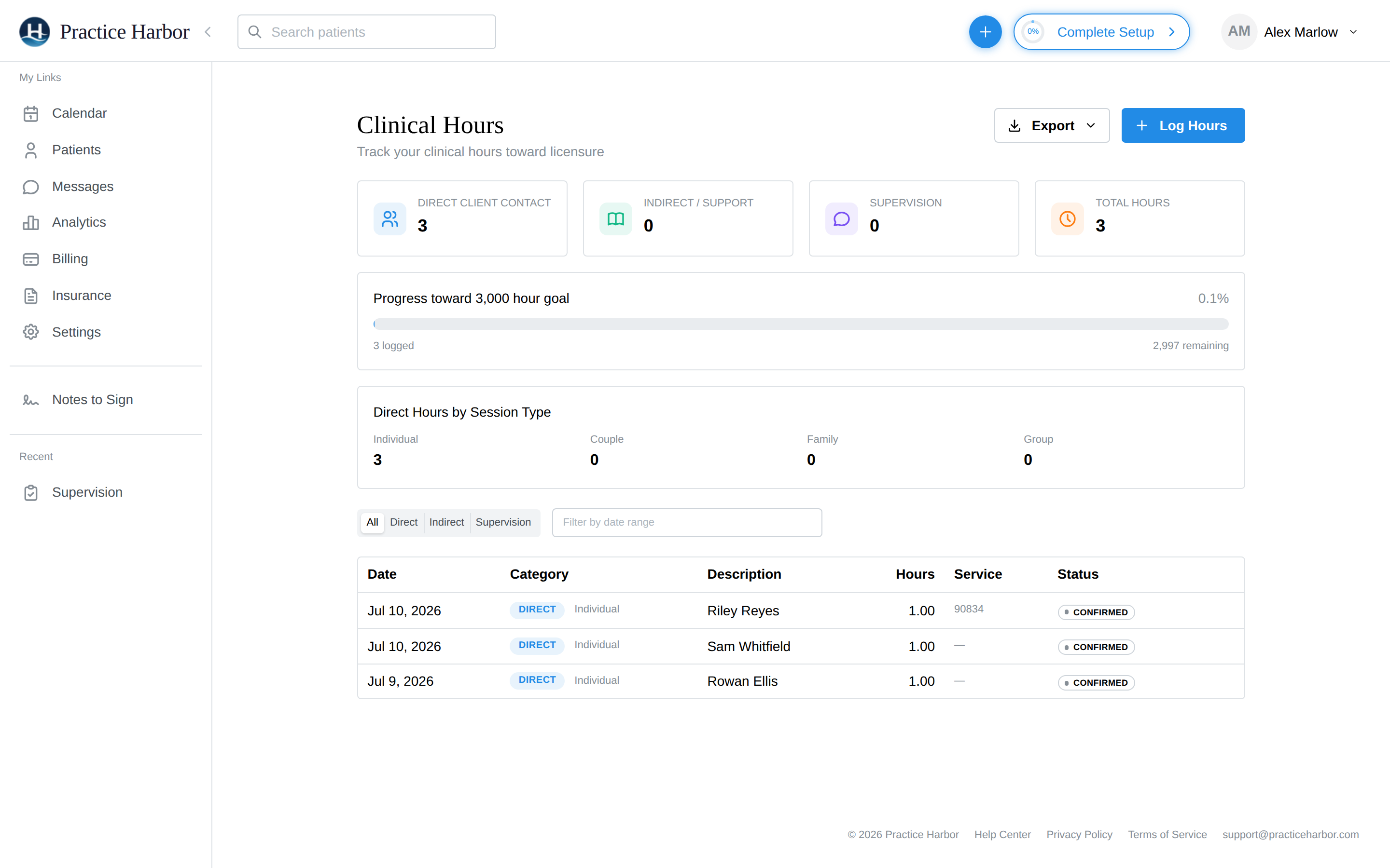 The Clinical Hours page: direct/indirect/supervision totals and progress toward the hour goal