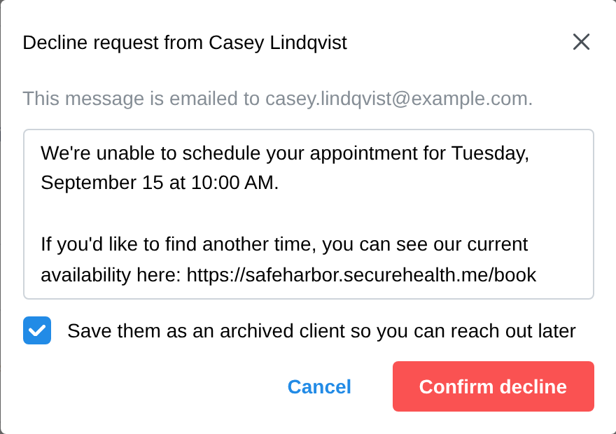 Declining from Inquiries: the prefilled message and the archived-client checkbox
