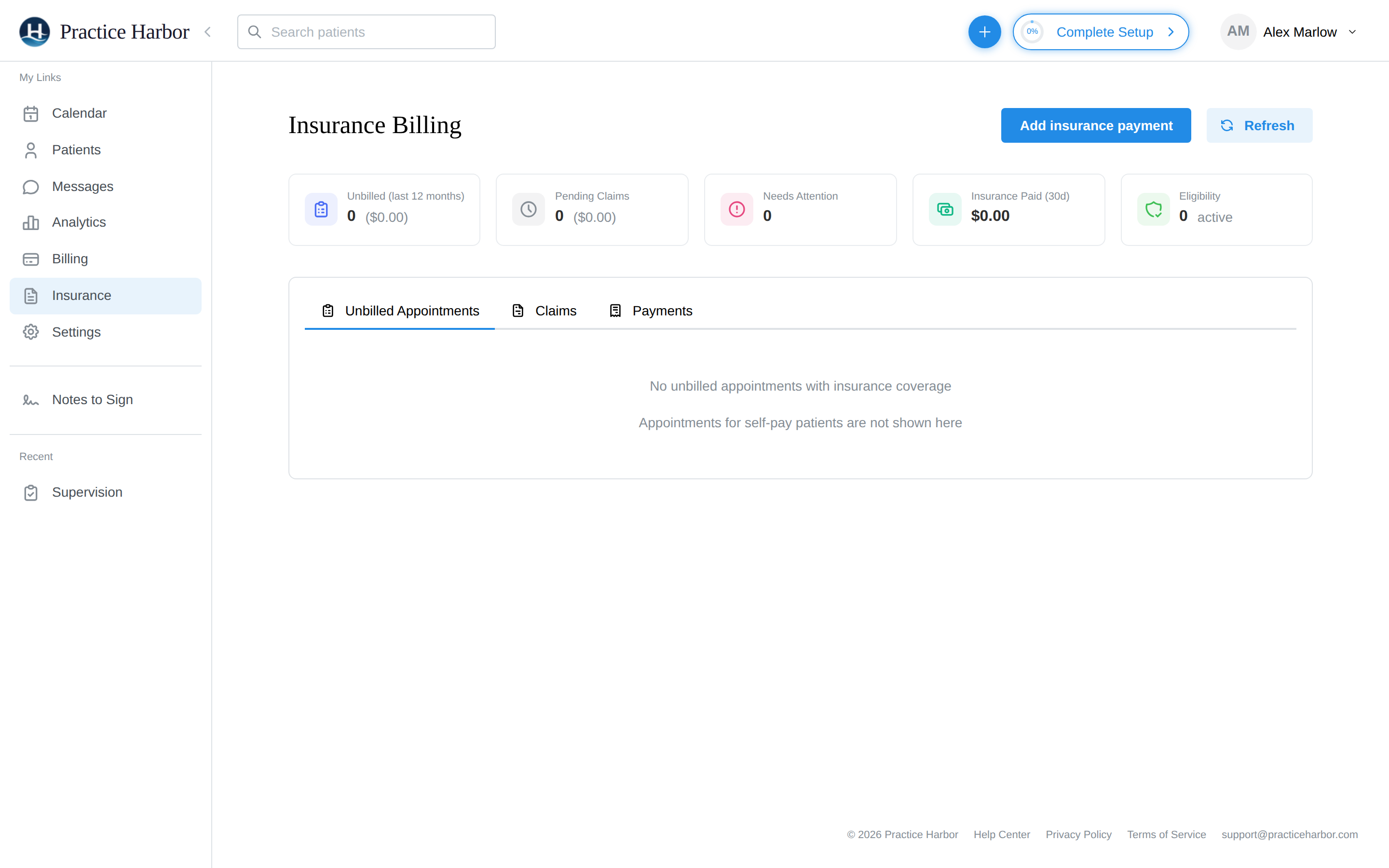 The Insurance Billing hub: summary cards and the Unbilled/Claims/Payments tabs